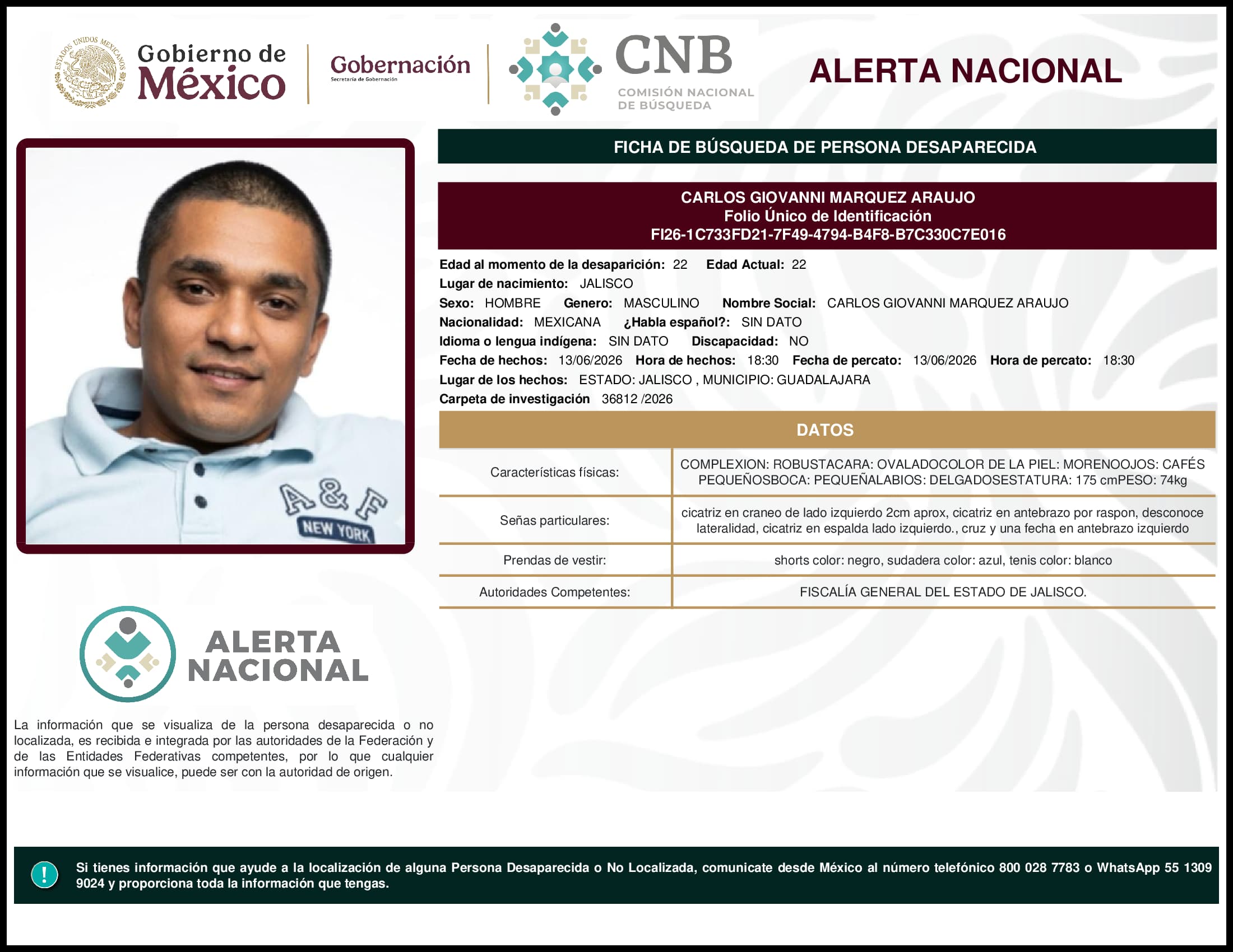Persona desaparecida Carlos Giovanni Marquez Araujo