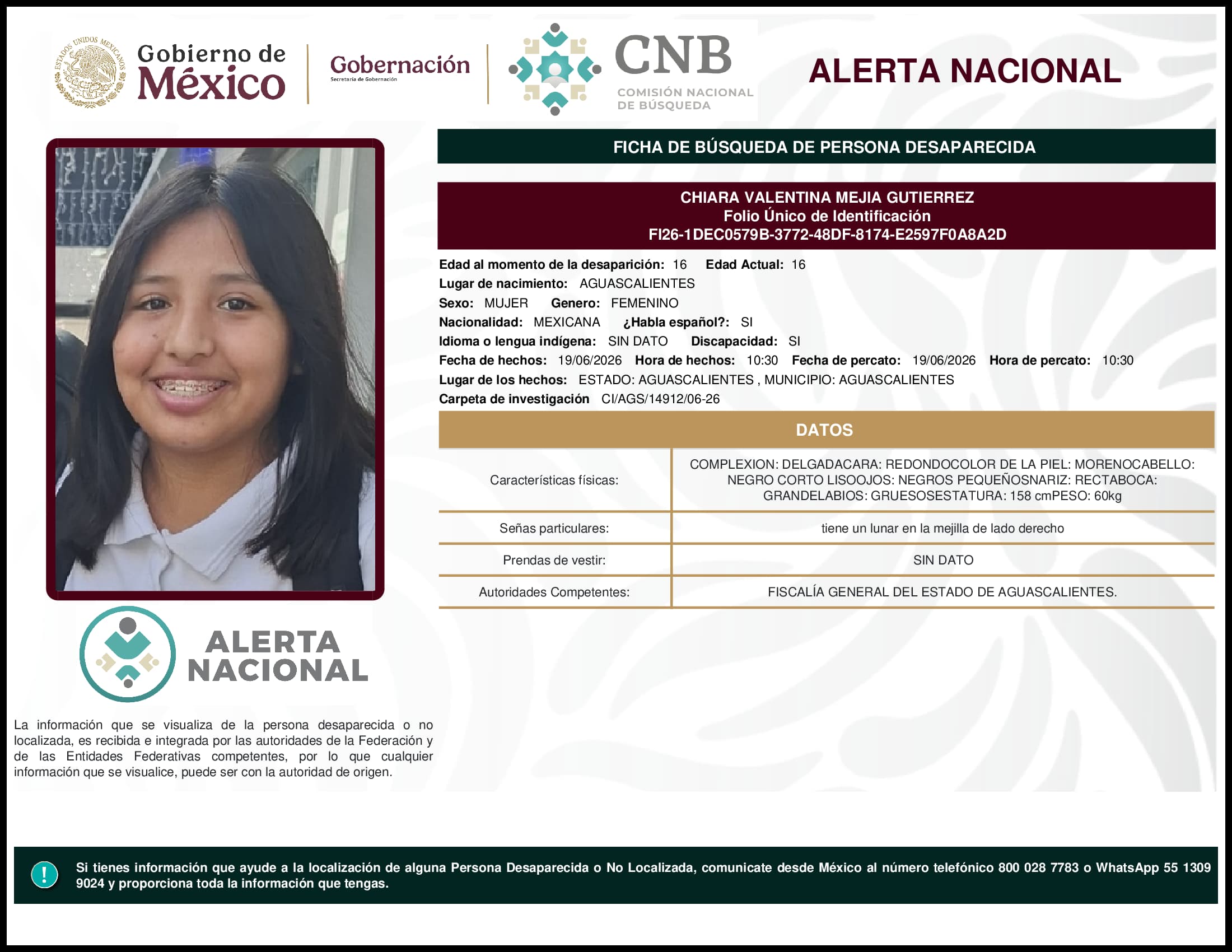 Persona desaparecida Chiara Valentina Mejia Gutierrez