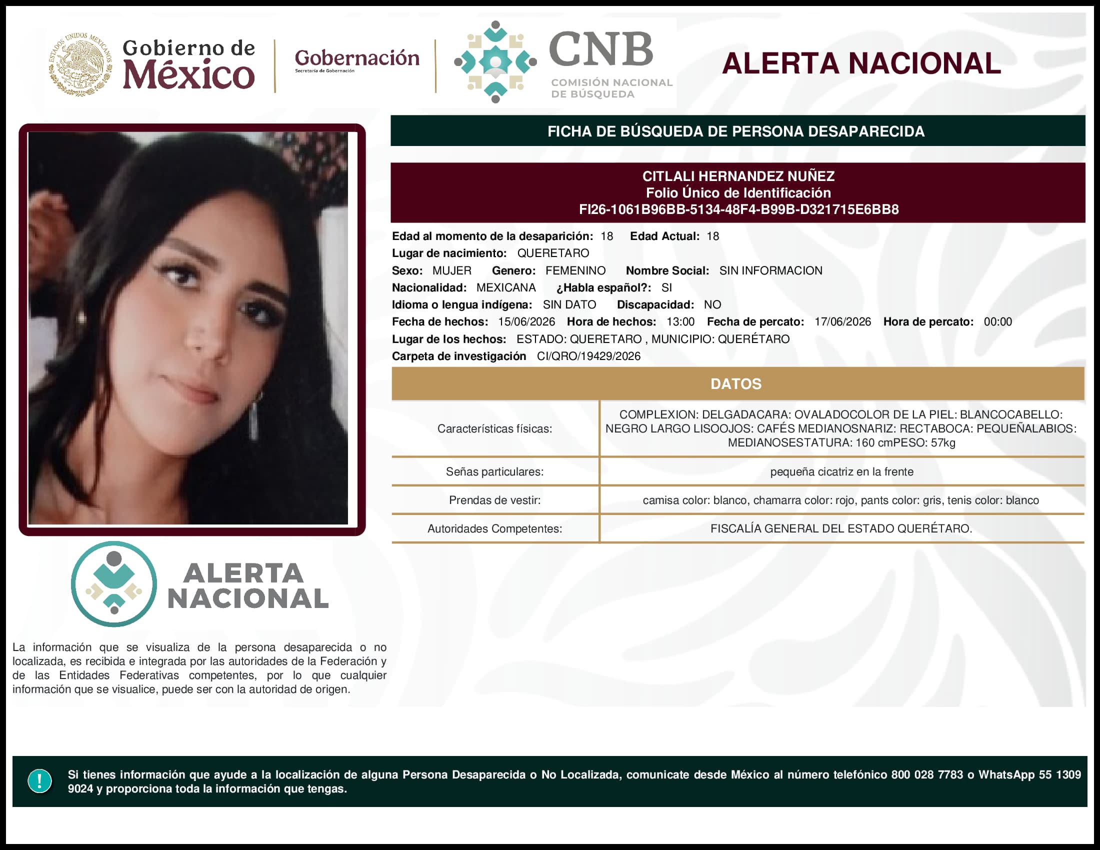 Persona desaparecida Citlali Hernandez Nunez