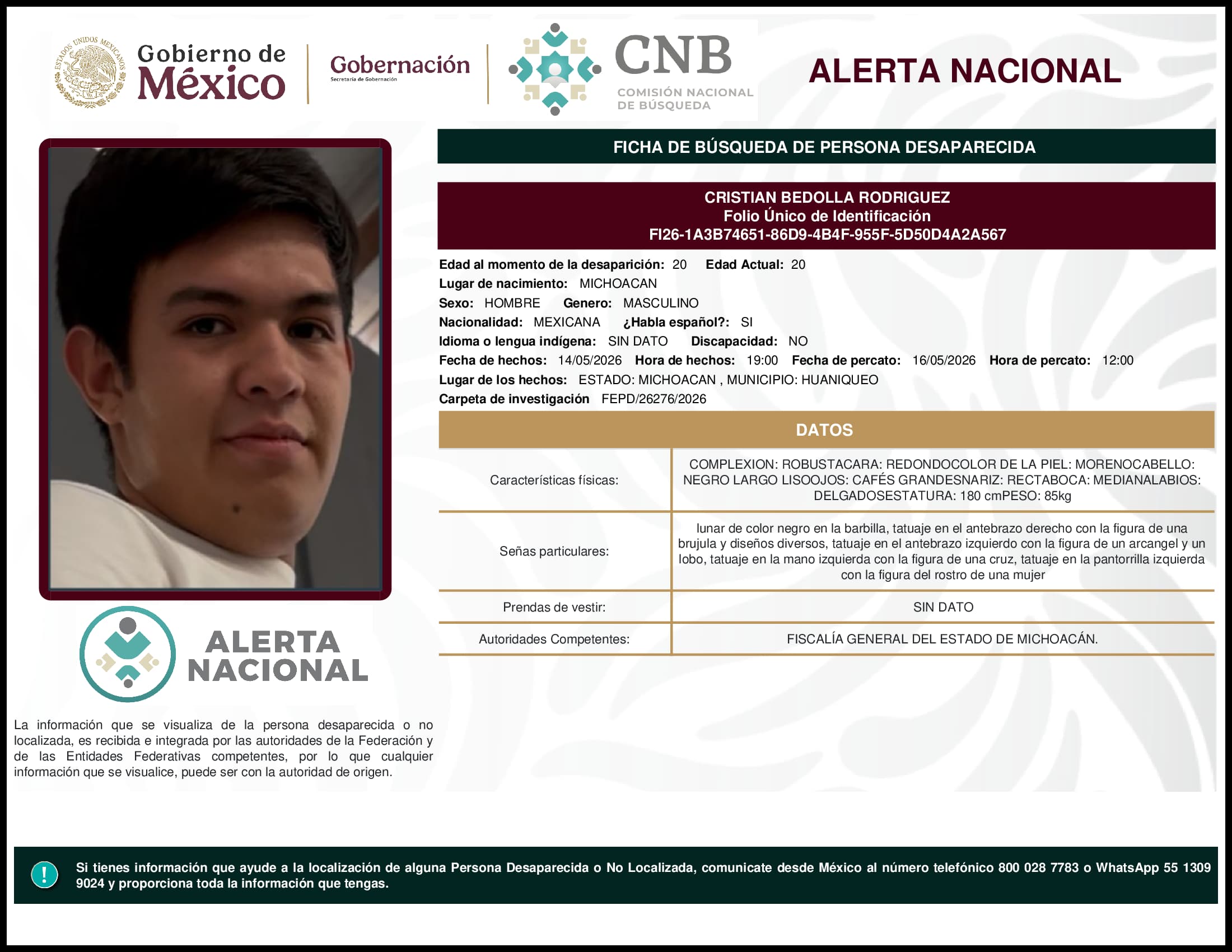 Persona desaparecida Cristian Bedolla Rodriguez