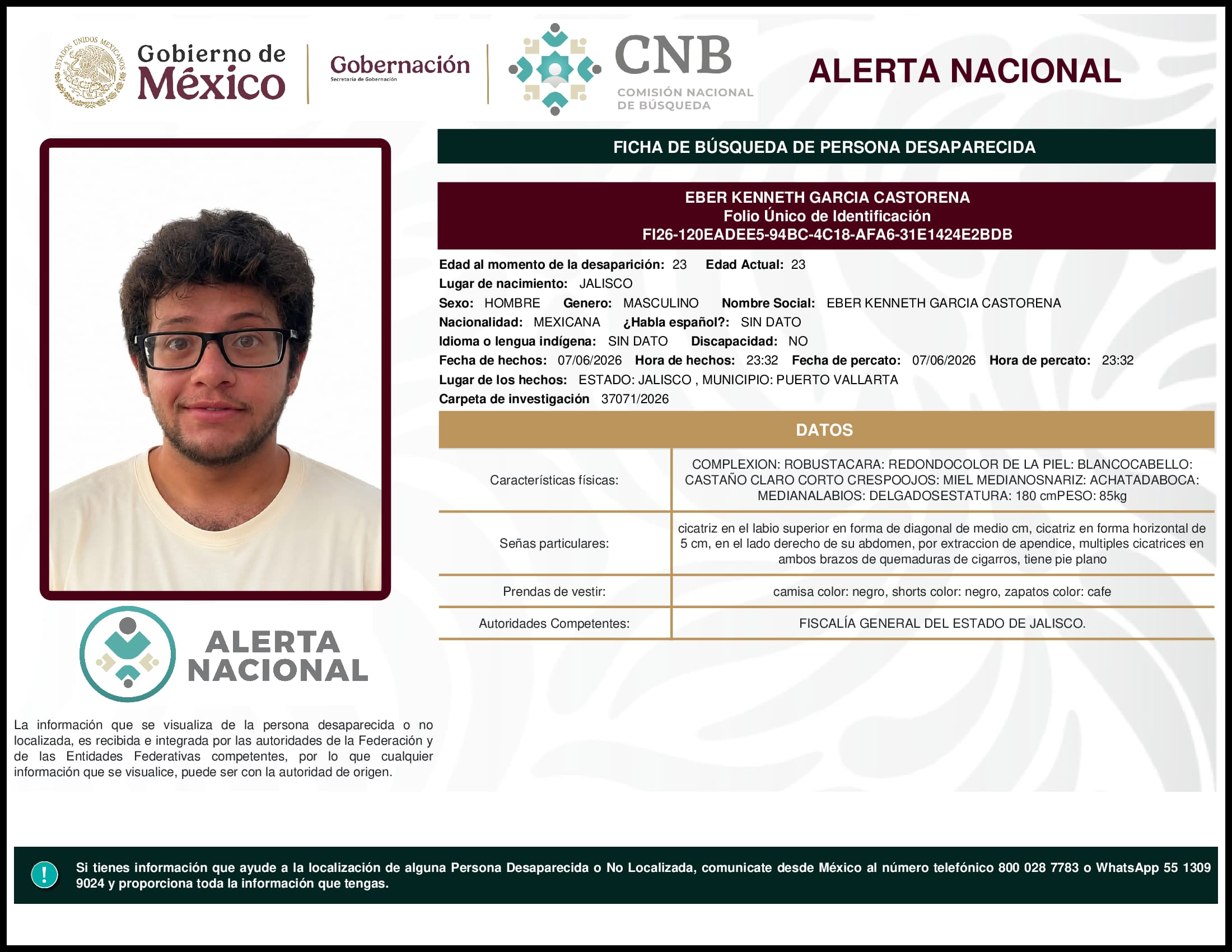 Persona desaparecida Eber Kenneth Garcia Castorena