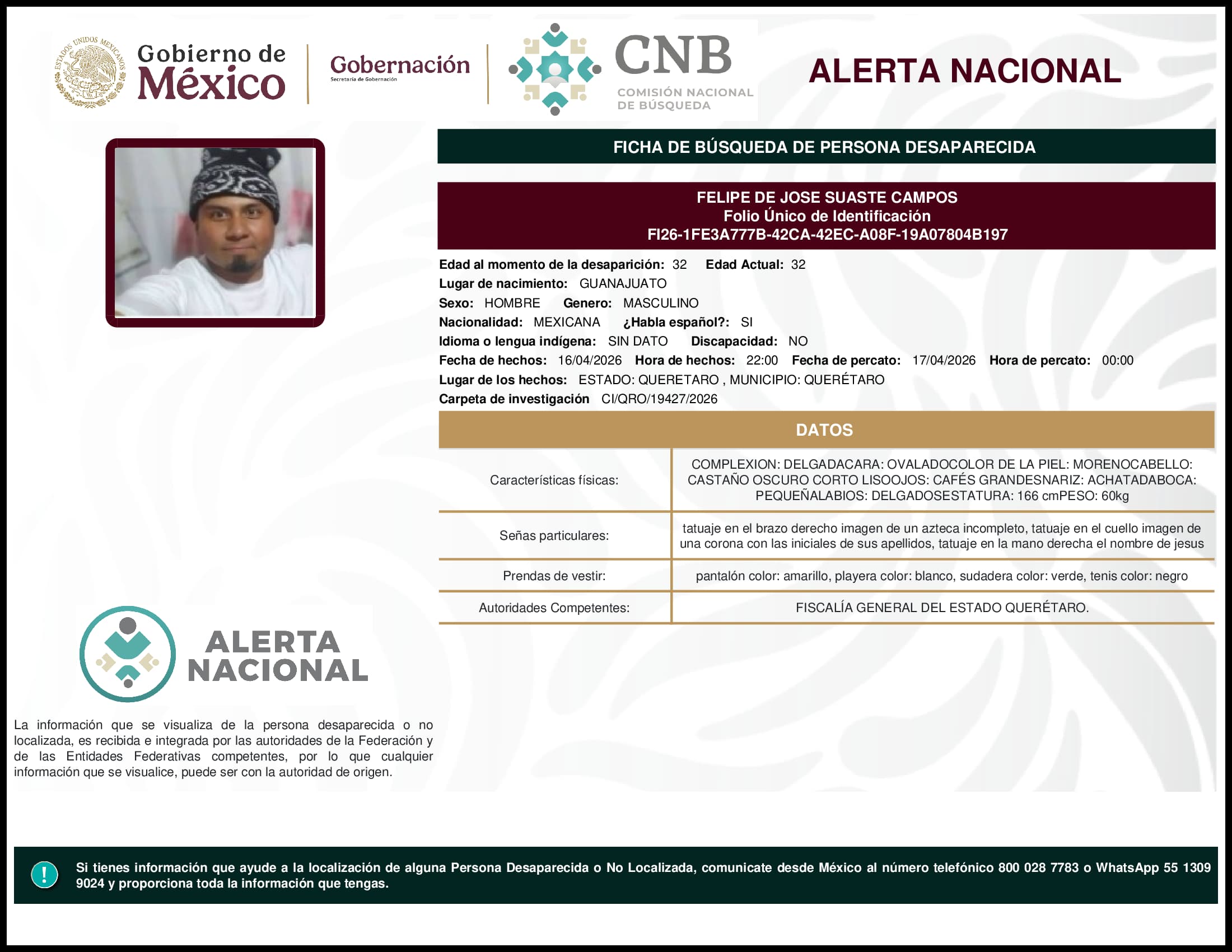 Persona desaparecida Felipe De Jose Suaste Campos