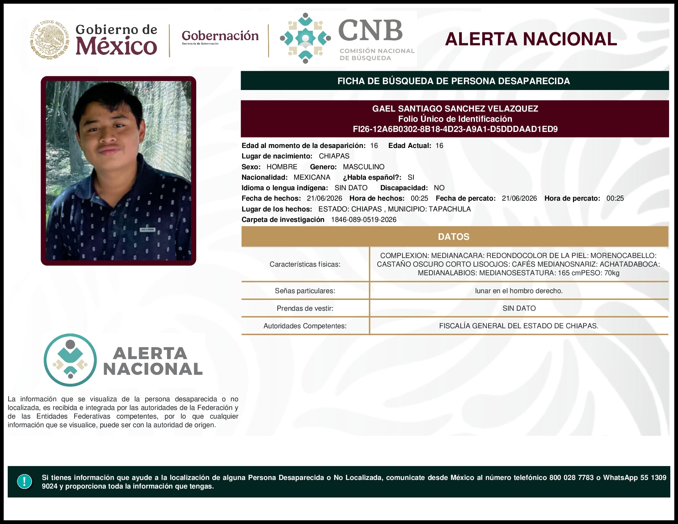Persona desaparecida Gael Santiago Sanchez Velazquez
