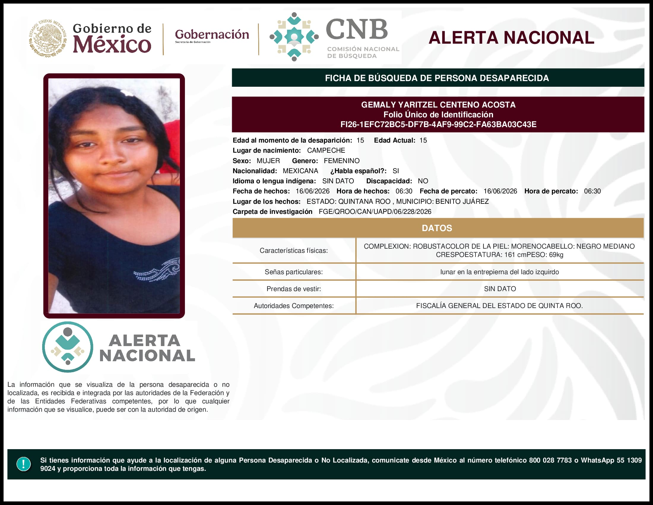 Persona desaparecida Gemaly Yaritzel Centeno Acosta
