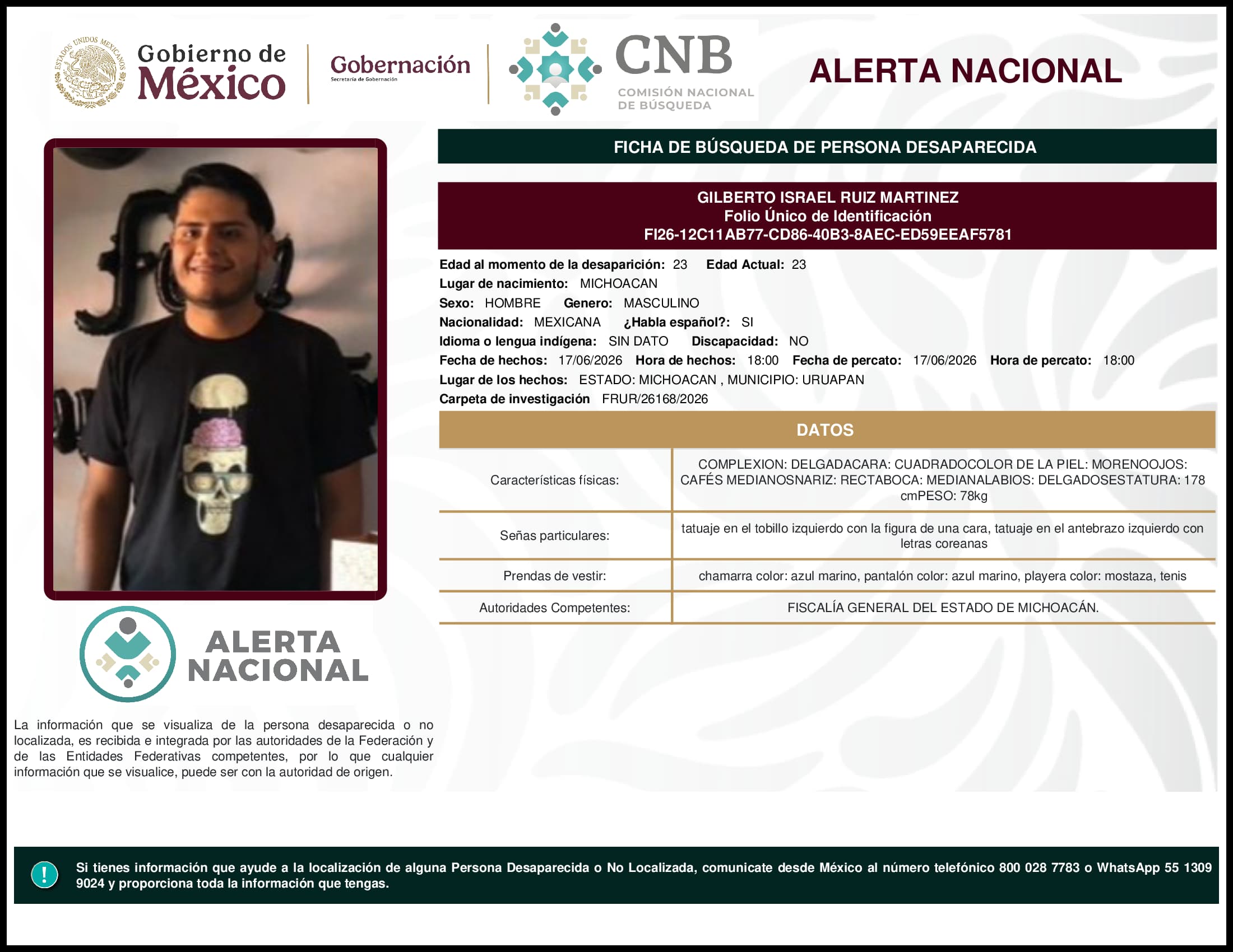 Persona desaparecida Gilberto Israel Ruiz Martinez