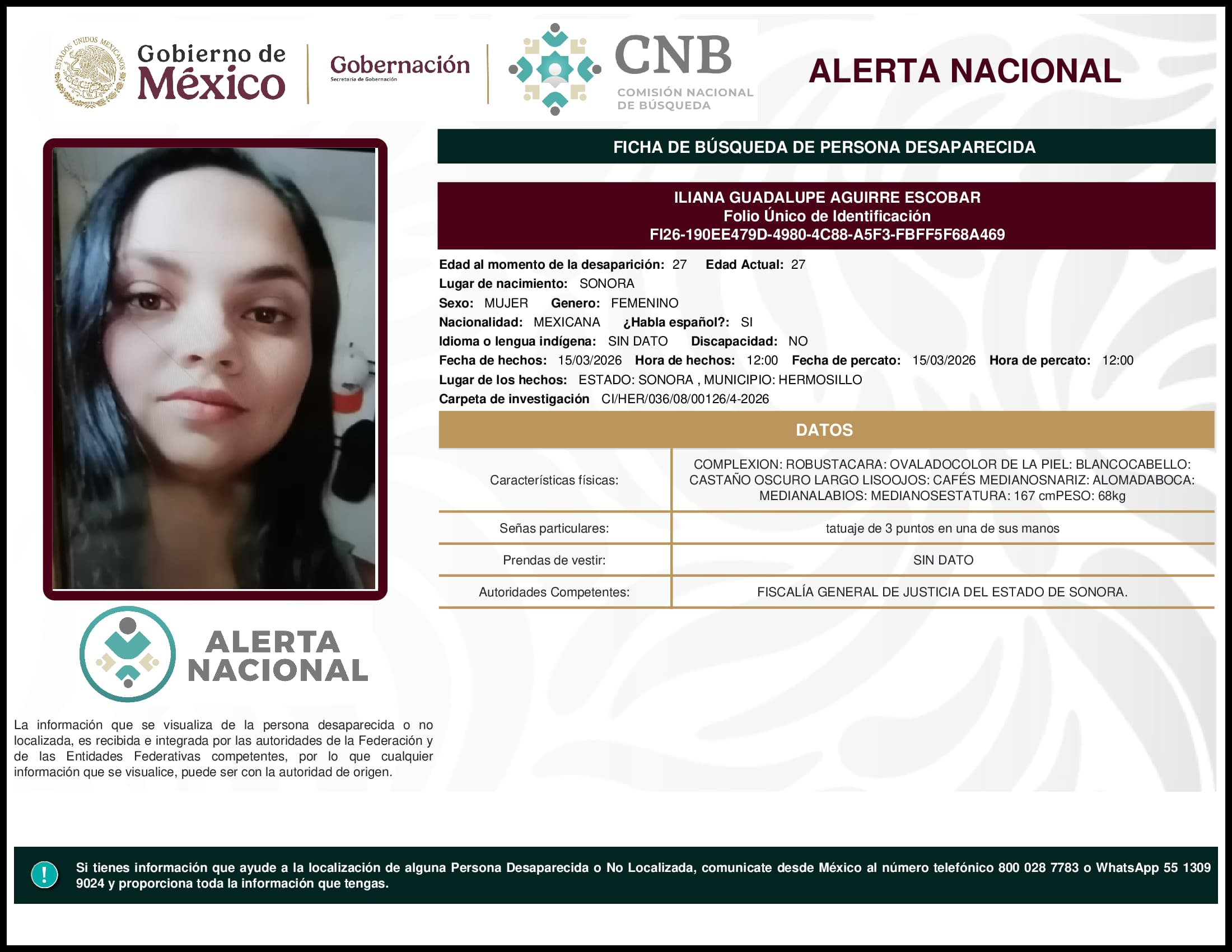 Persona desaparecida Iliana Guadalupe Aguirre Escobar