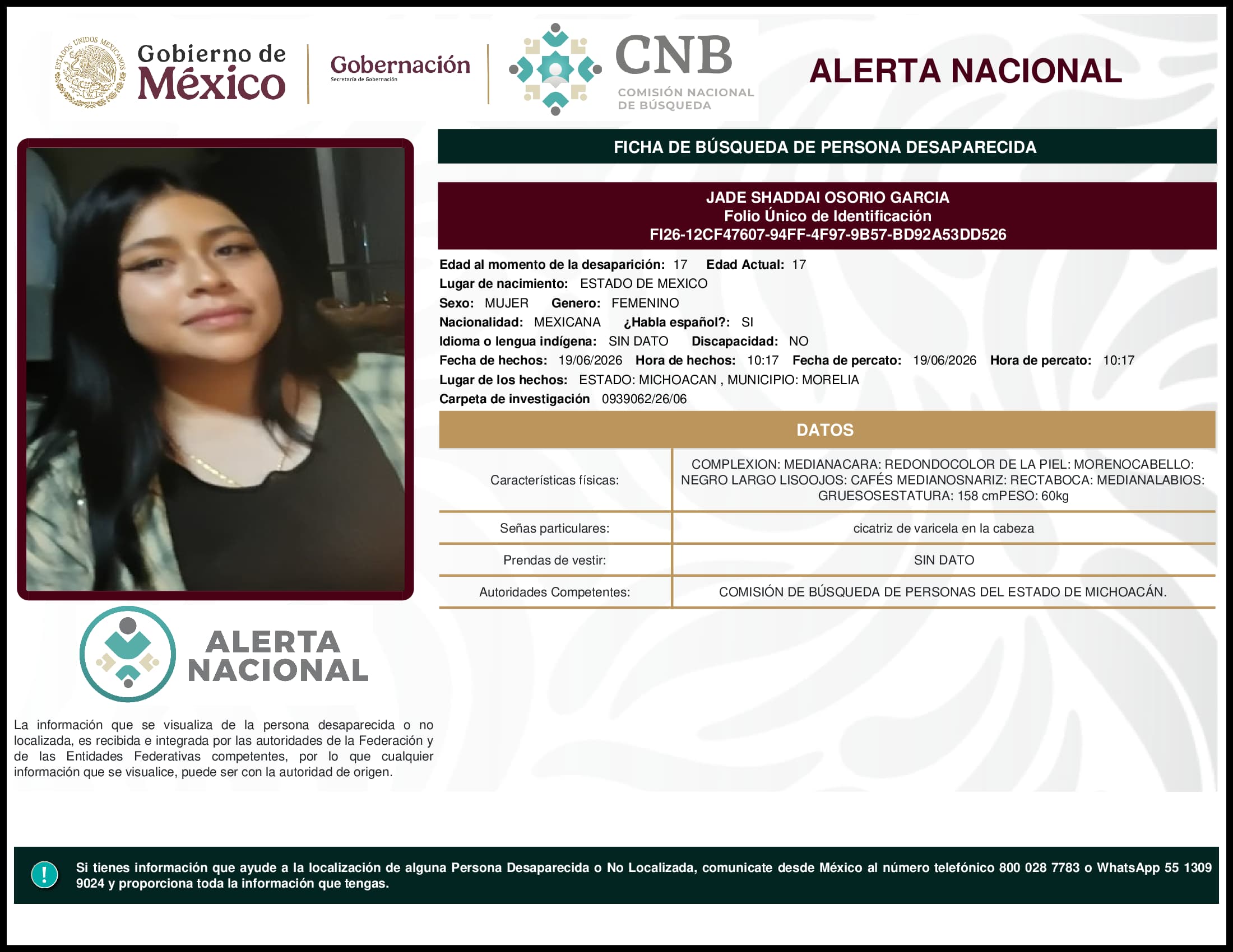 Persona desaparecida Jade Shaddai Osorio Garcia