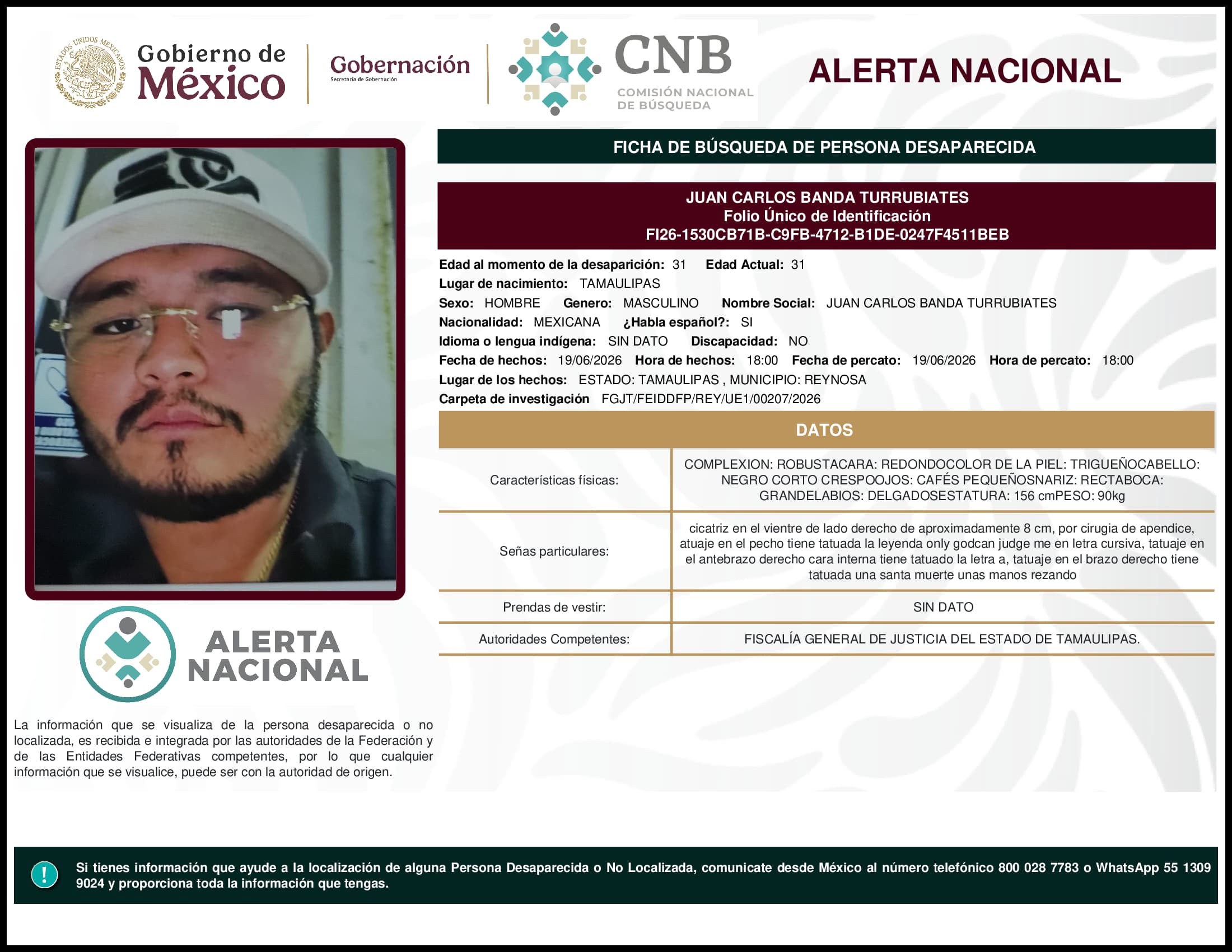Persona desaparecida Juan Carlos Banda Turrubiates