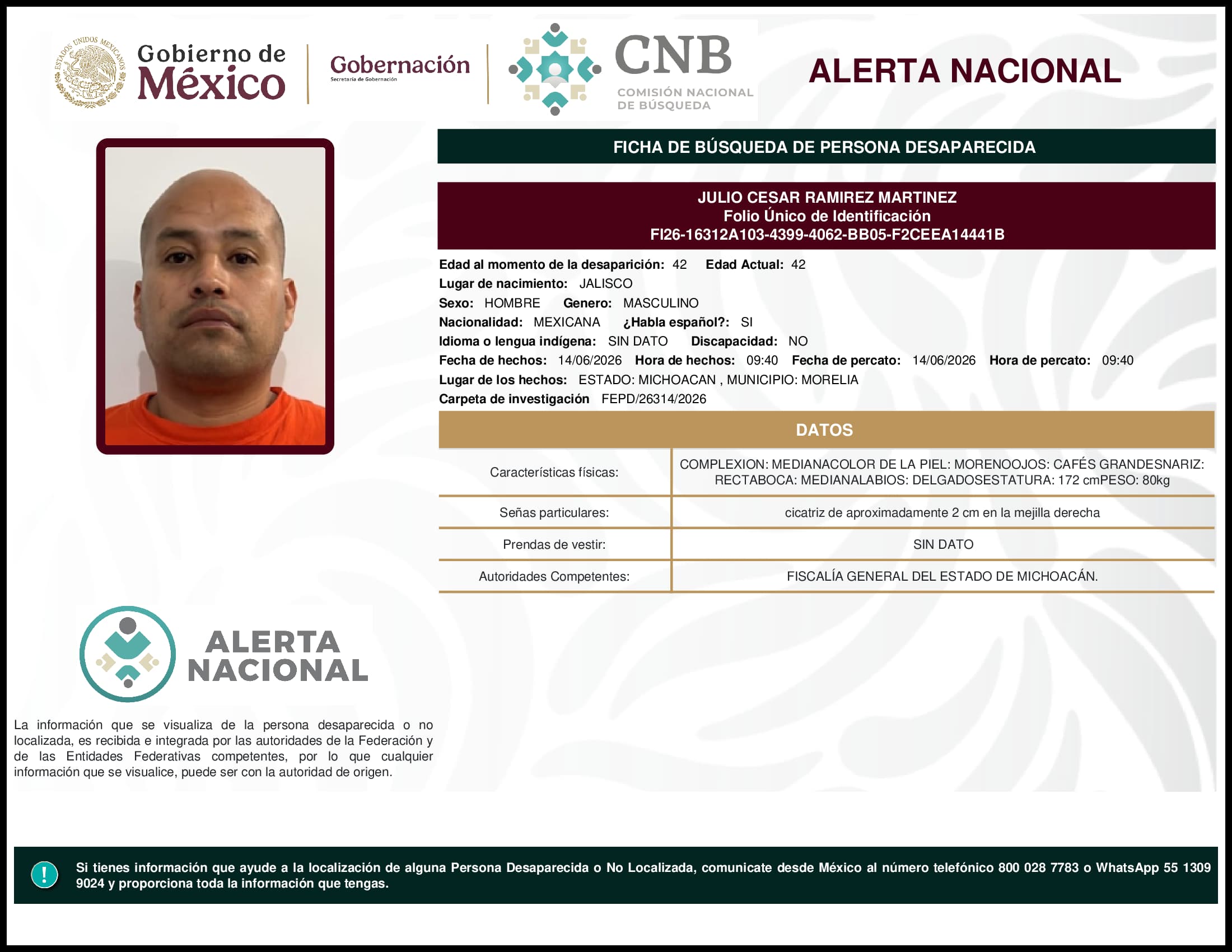 Persona desaparecida Julio Cesar Ramirez Martinez