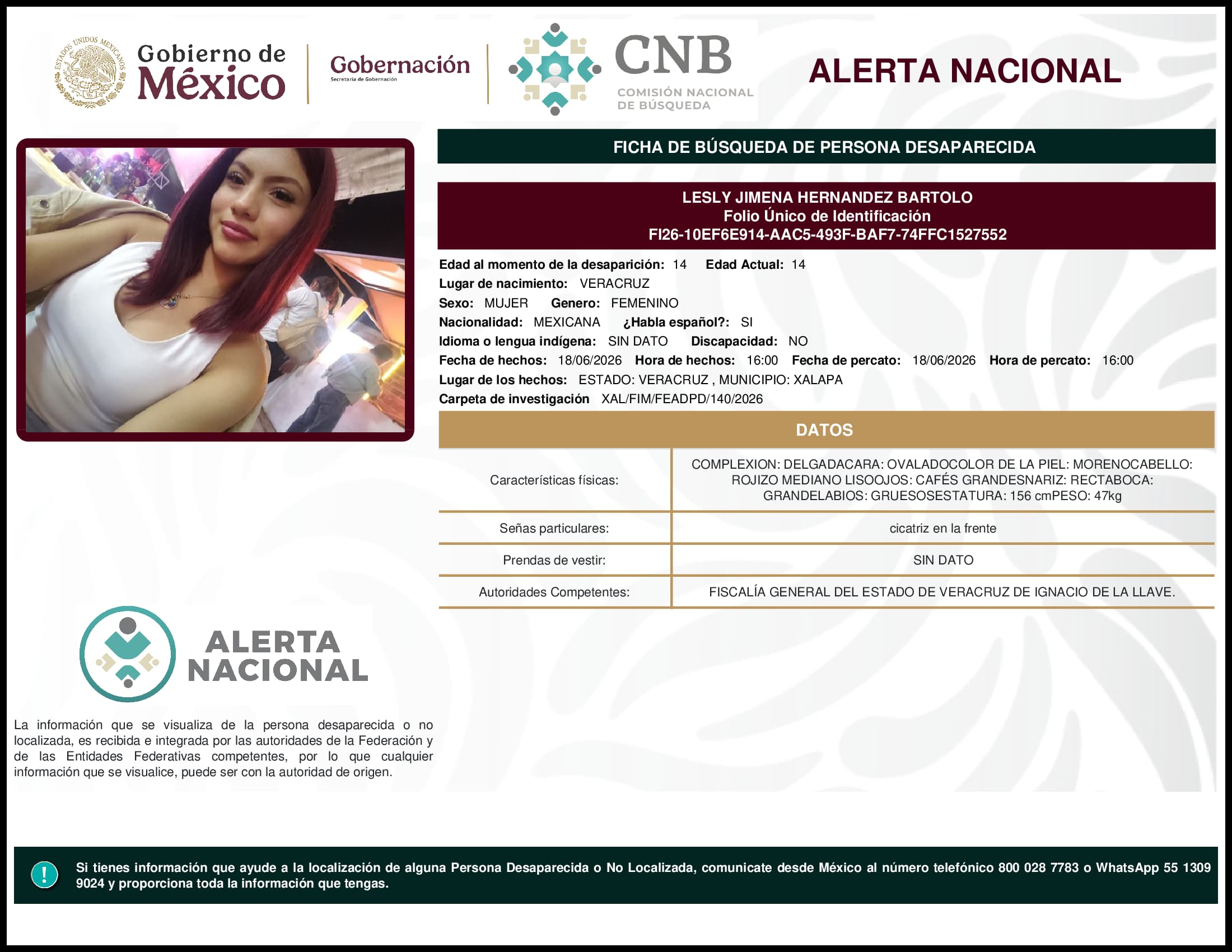 Persona desaparecida Lesly Jimena Hernandez Bartolo