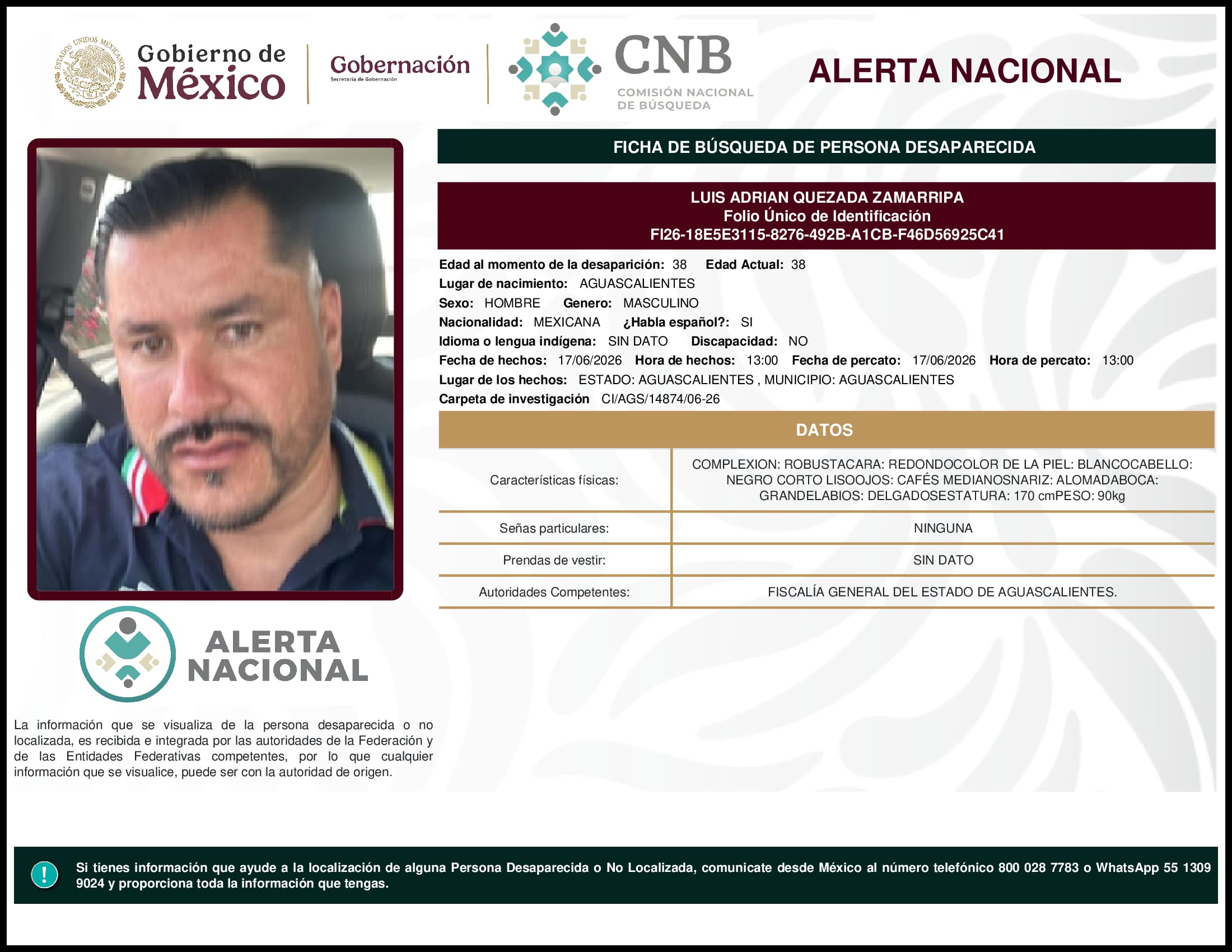 Persona desaparecida Luis Adrian Quezada Zamarripa