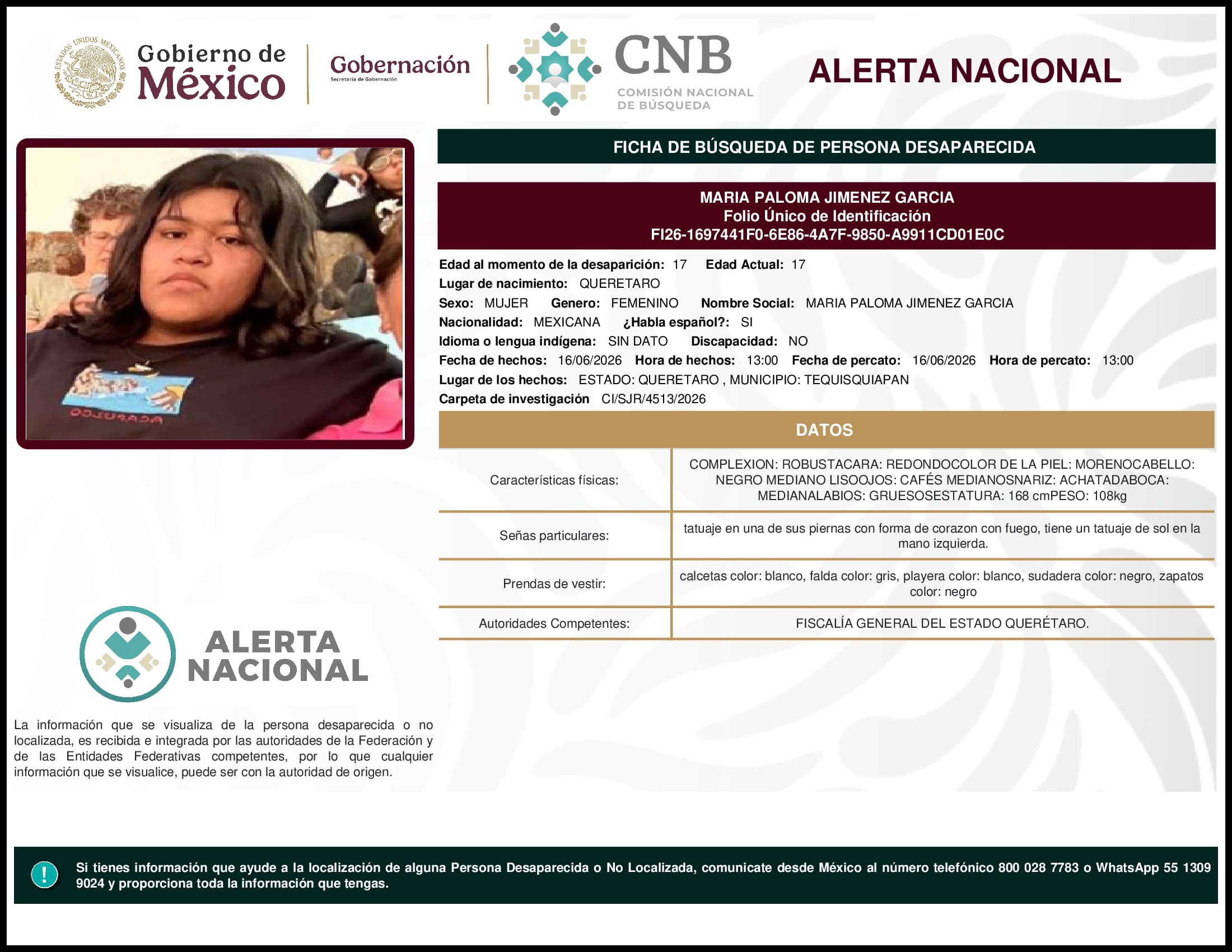 Persona desaparecida Maria Paloma Jimenez Garcia