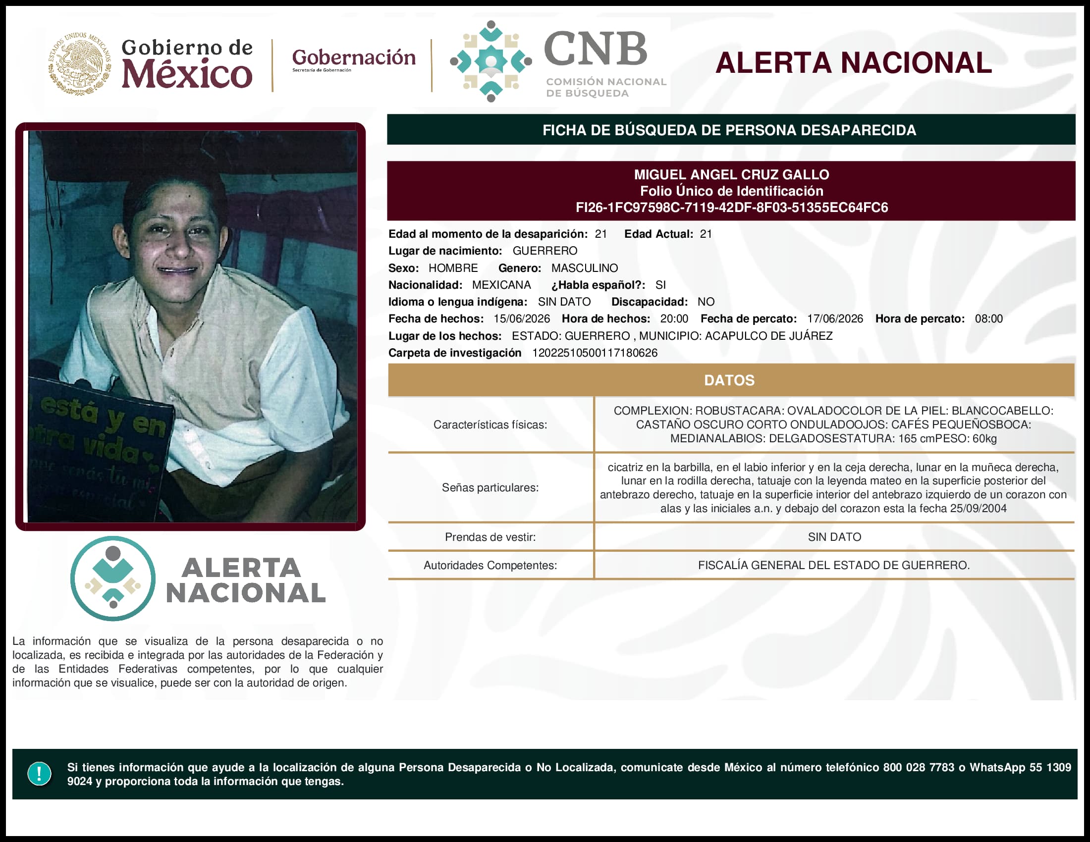 Persona desaparecida Miguel Angel Cruz Gallo
