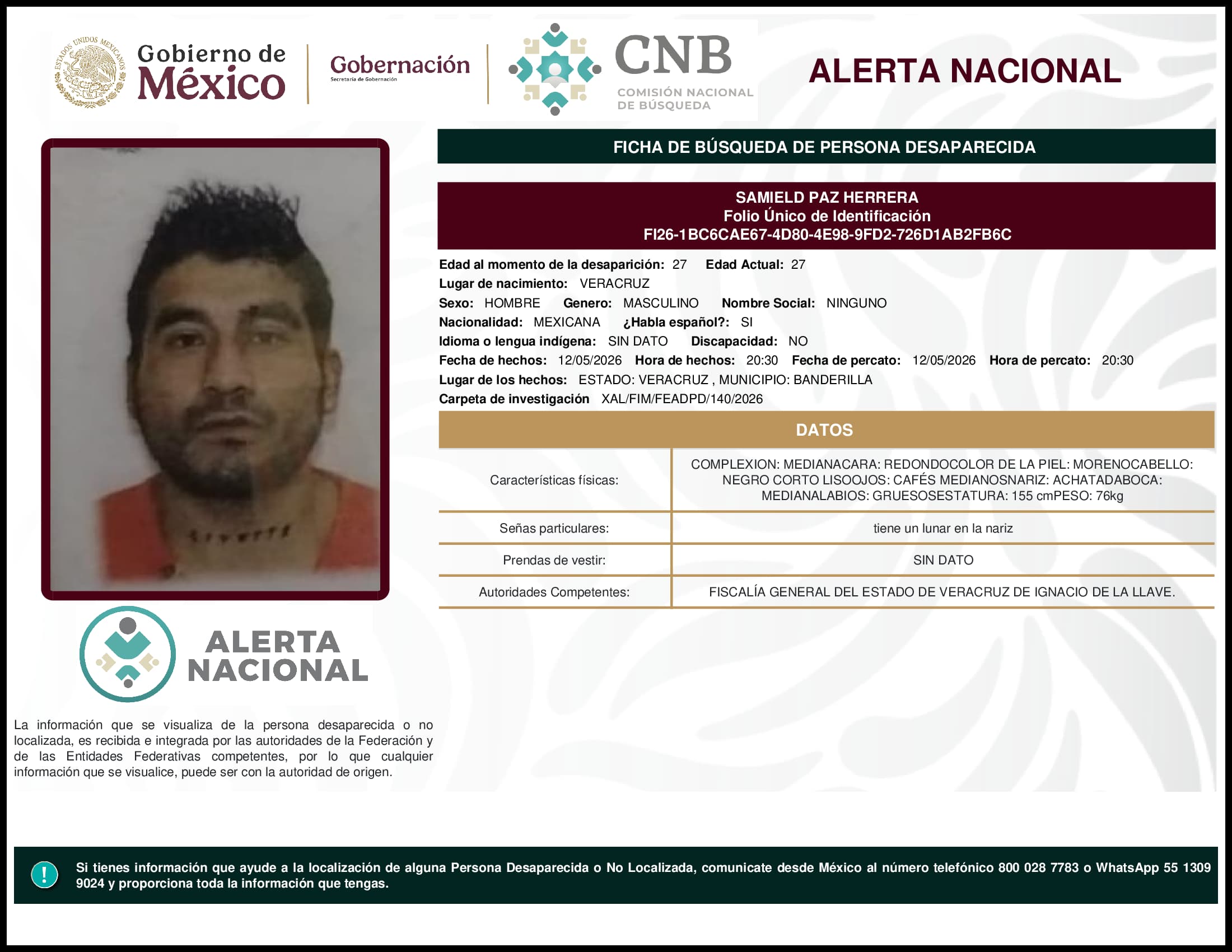 Persona desaparecida Samield Paz Herrera