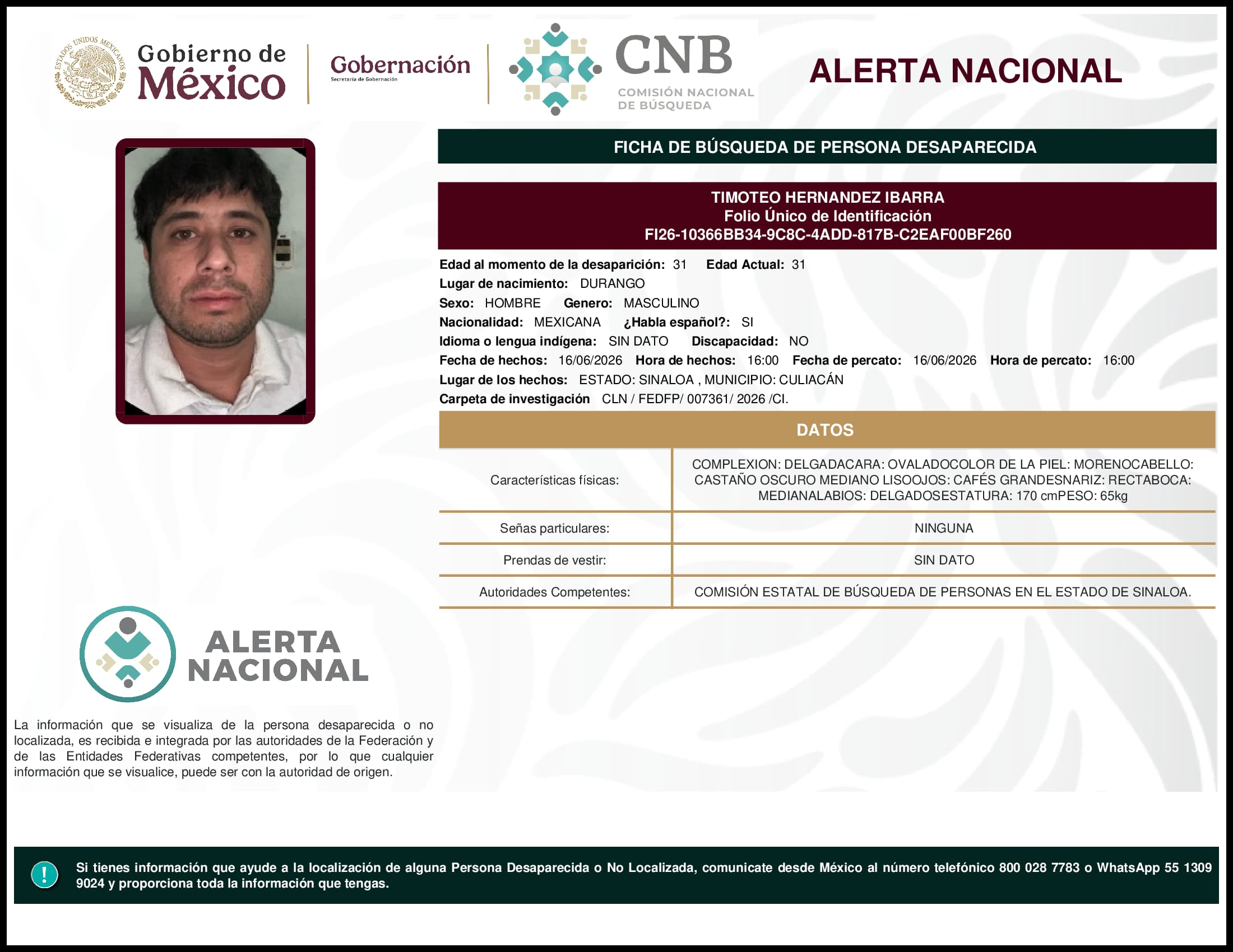 Persona desaparecida Timoteo Hernandez Ibarra