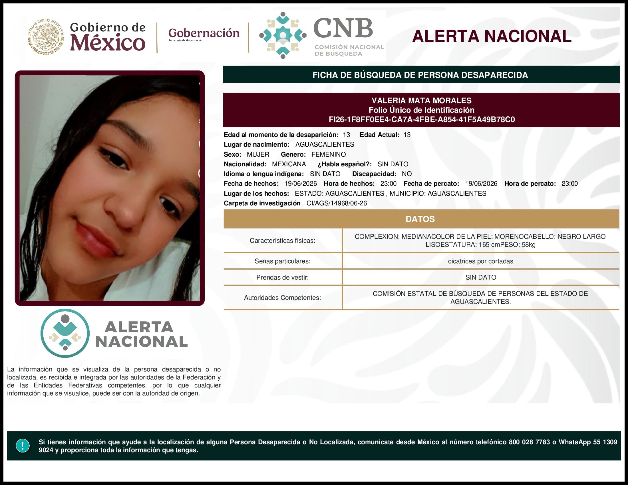 Persona desaparecida Valeria Mata Morales