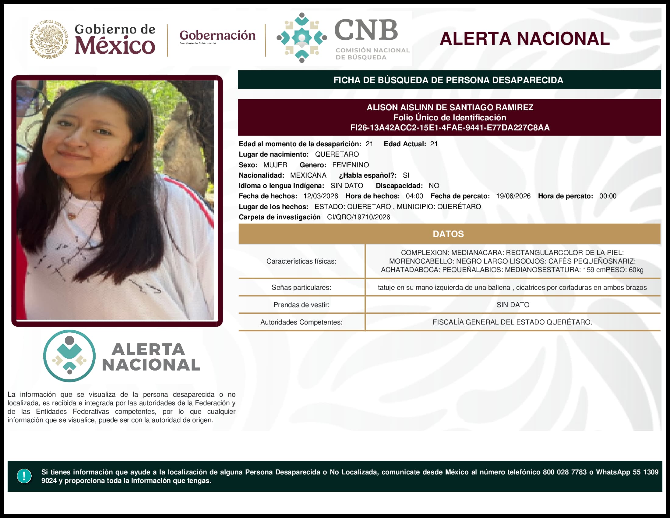 Persona desaparecida Alison Aislinn De Santiago Ramirez