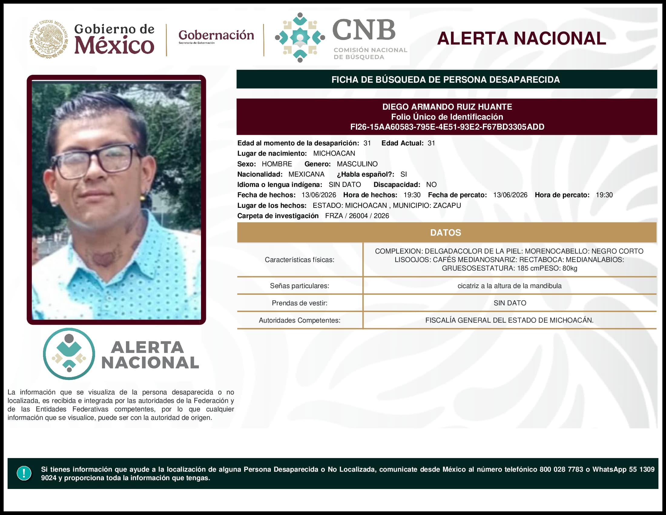 Persona desaparecida Diego Armando Ruiz Huante