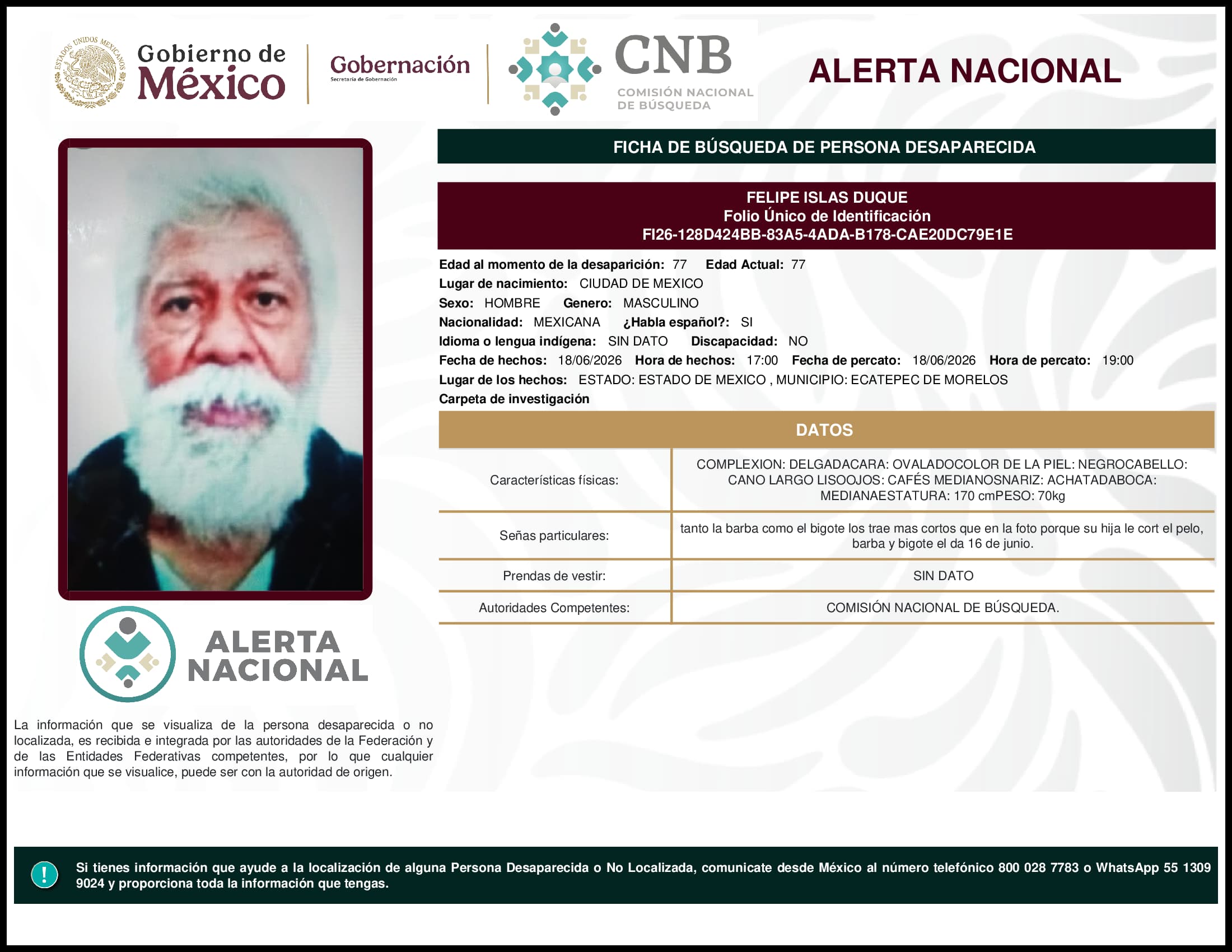 Persona desaparecida Felipe Islas Duque