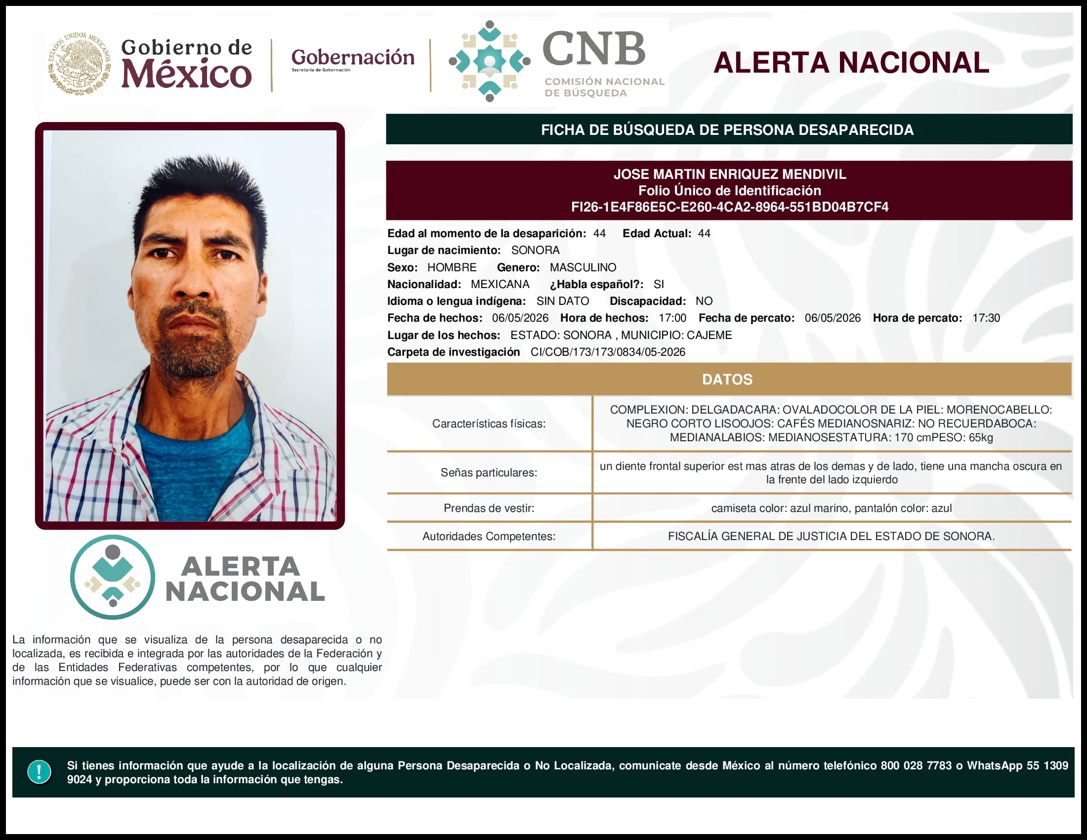 Persona desaparecida Jose Martin Enriquez Mendivil