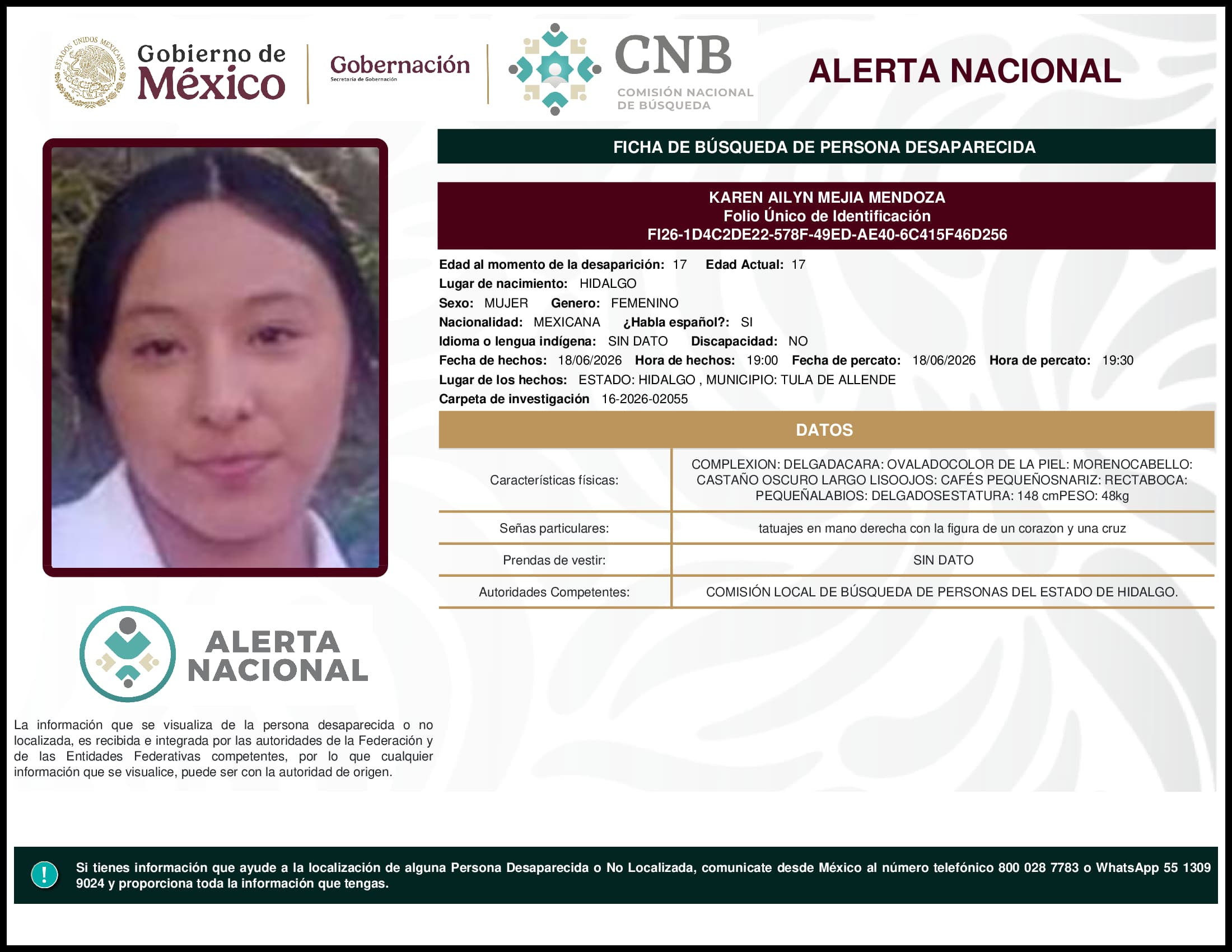 Persona desaparecida Karen Ailyn Mejia Mendoza