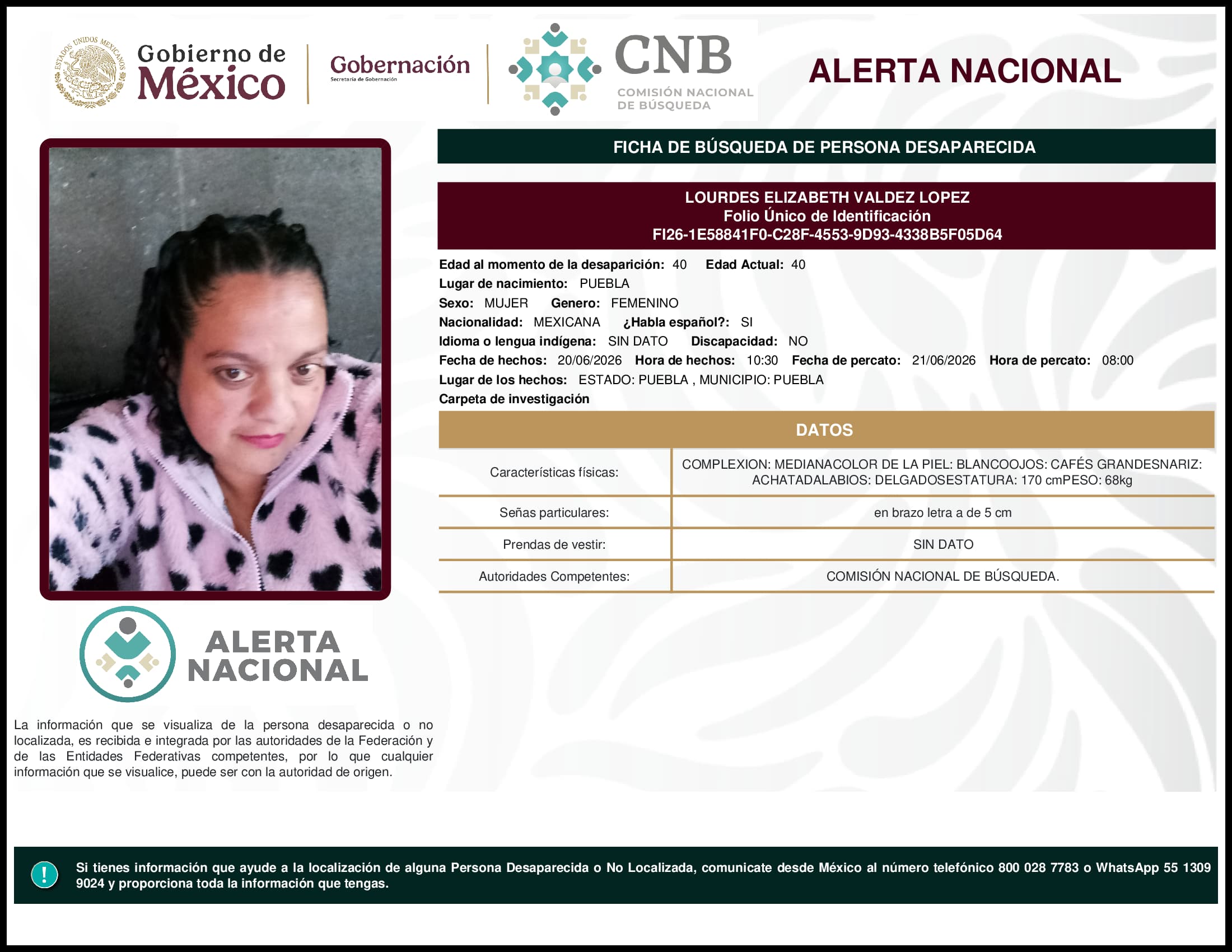 Persona desaparecida Lourdes Elizabeth Valdez Lopez