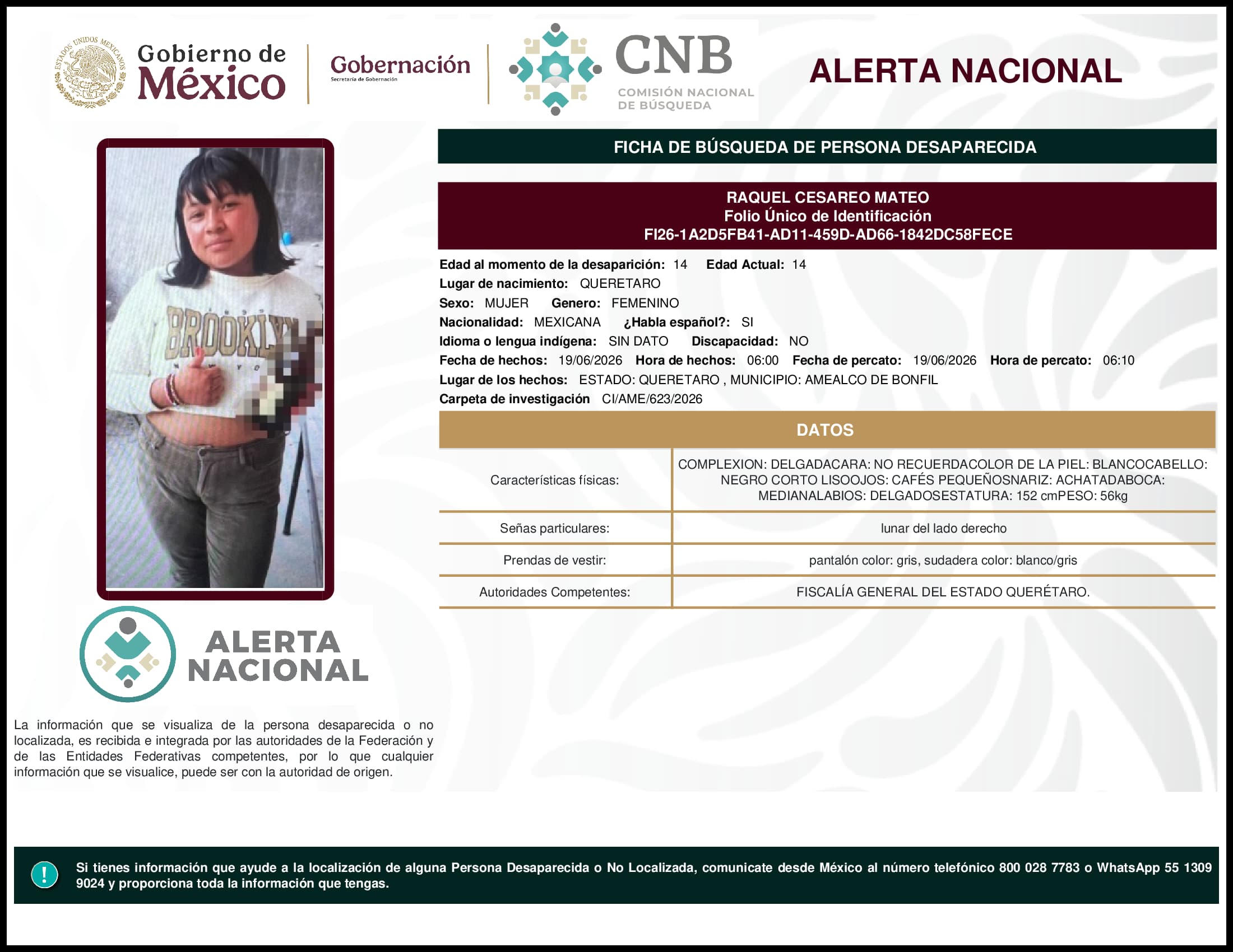 Persona desaparecida Raquel Cesareo Mateo