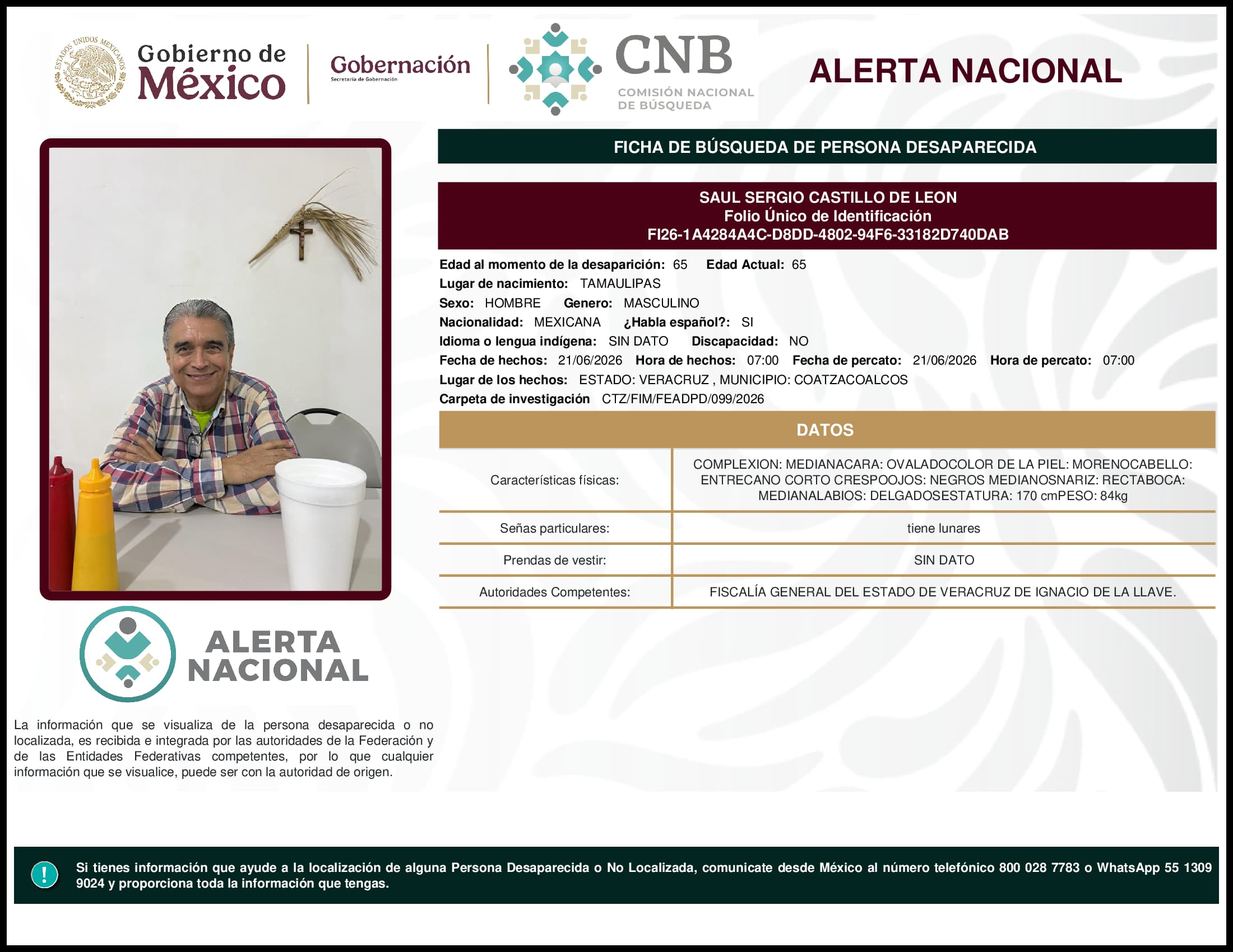 Persona desaparecida Saul Sergio Castillo De Leon