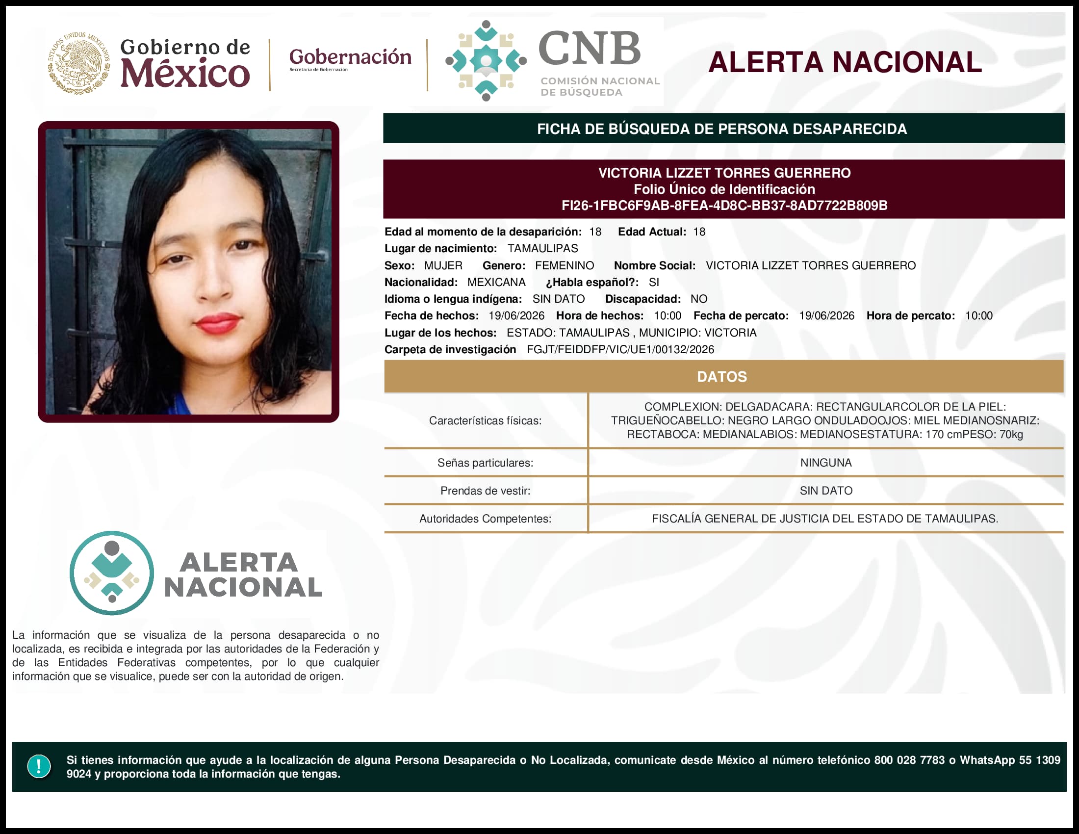 Persona desaparecida Victoria Lizzet Torres Guerrero