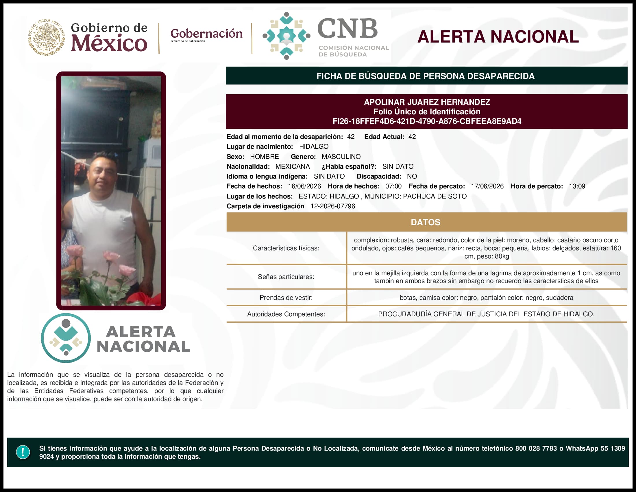 Persona desaparecida Apolinar Juarez Hernandez