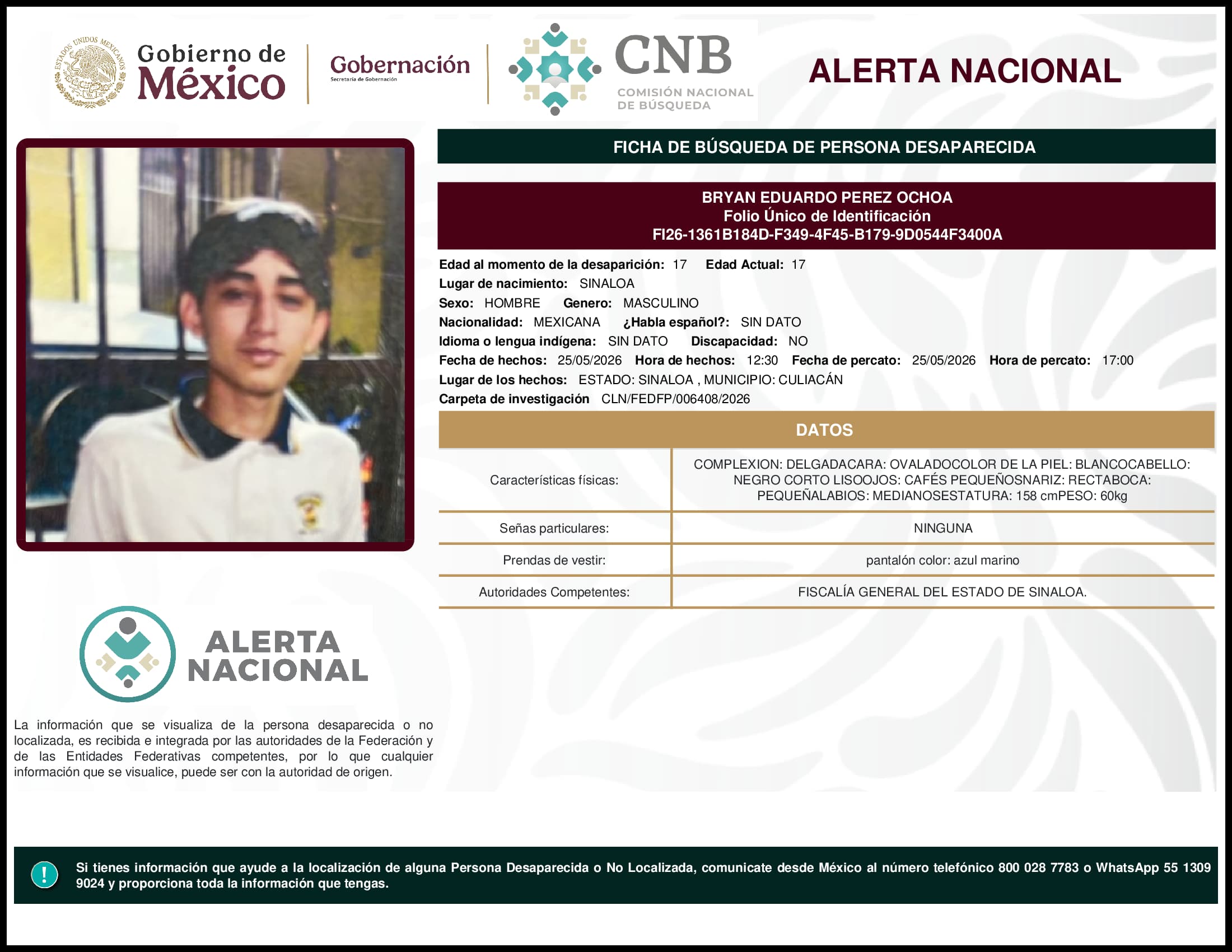 Persona desaparecida Bryan Eduardo Perez Ochoa