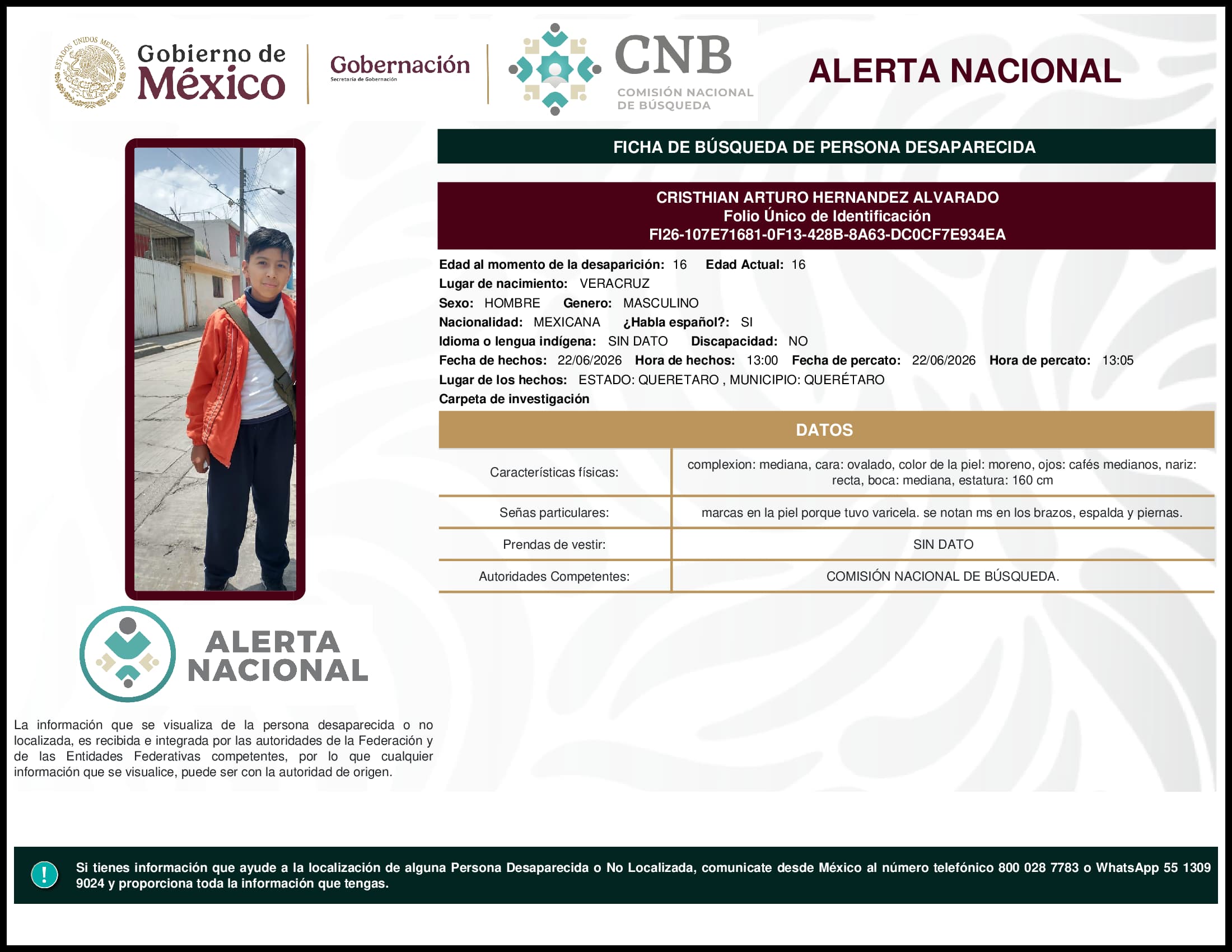 Persona desaparecida Cristhian Arturo Hernandez Alvarado