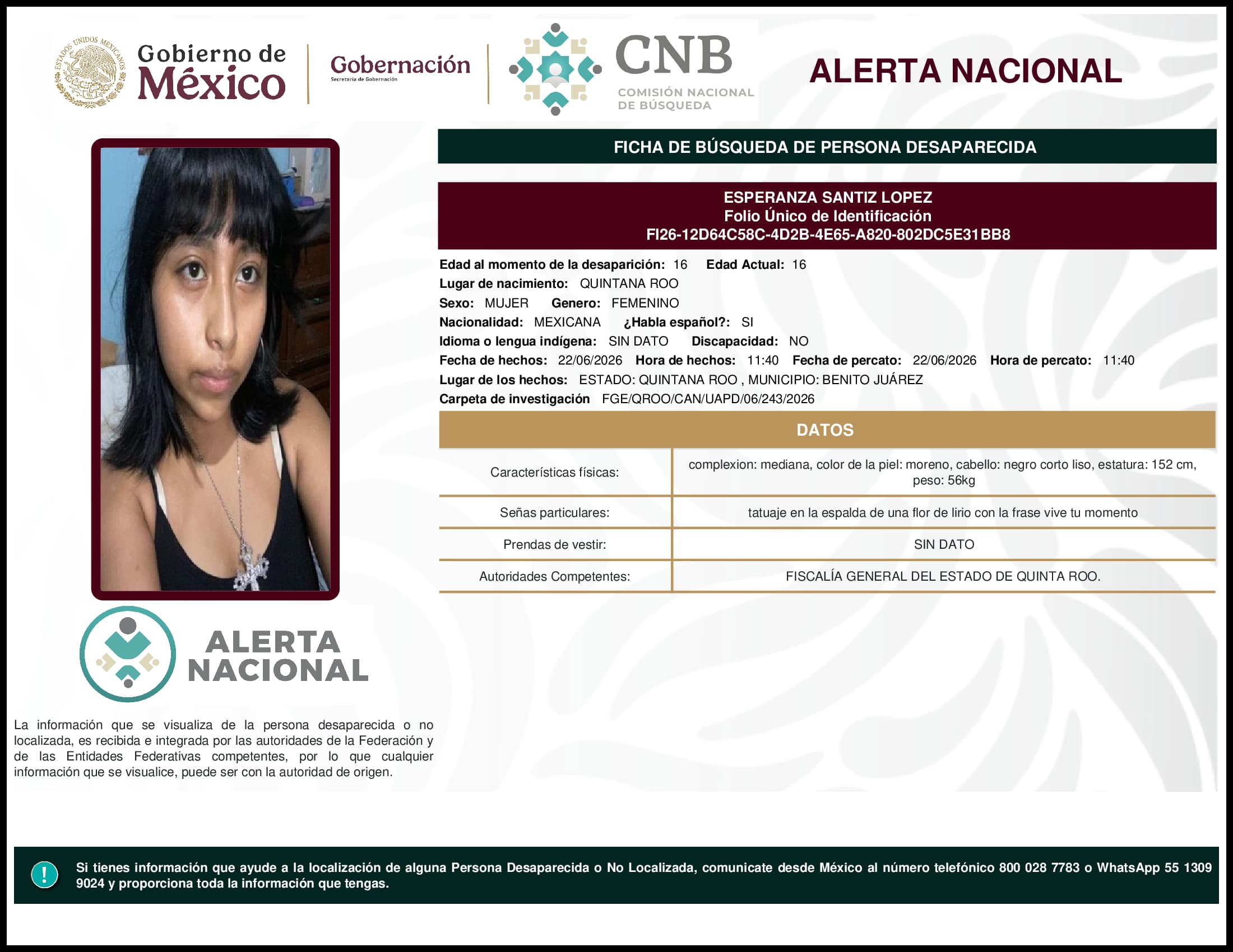 Persona desaparecida Esperanza Santiz Lopez