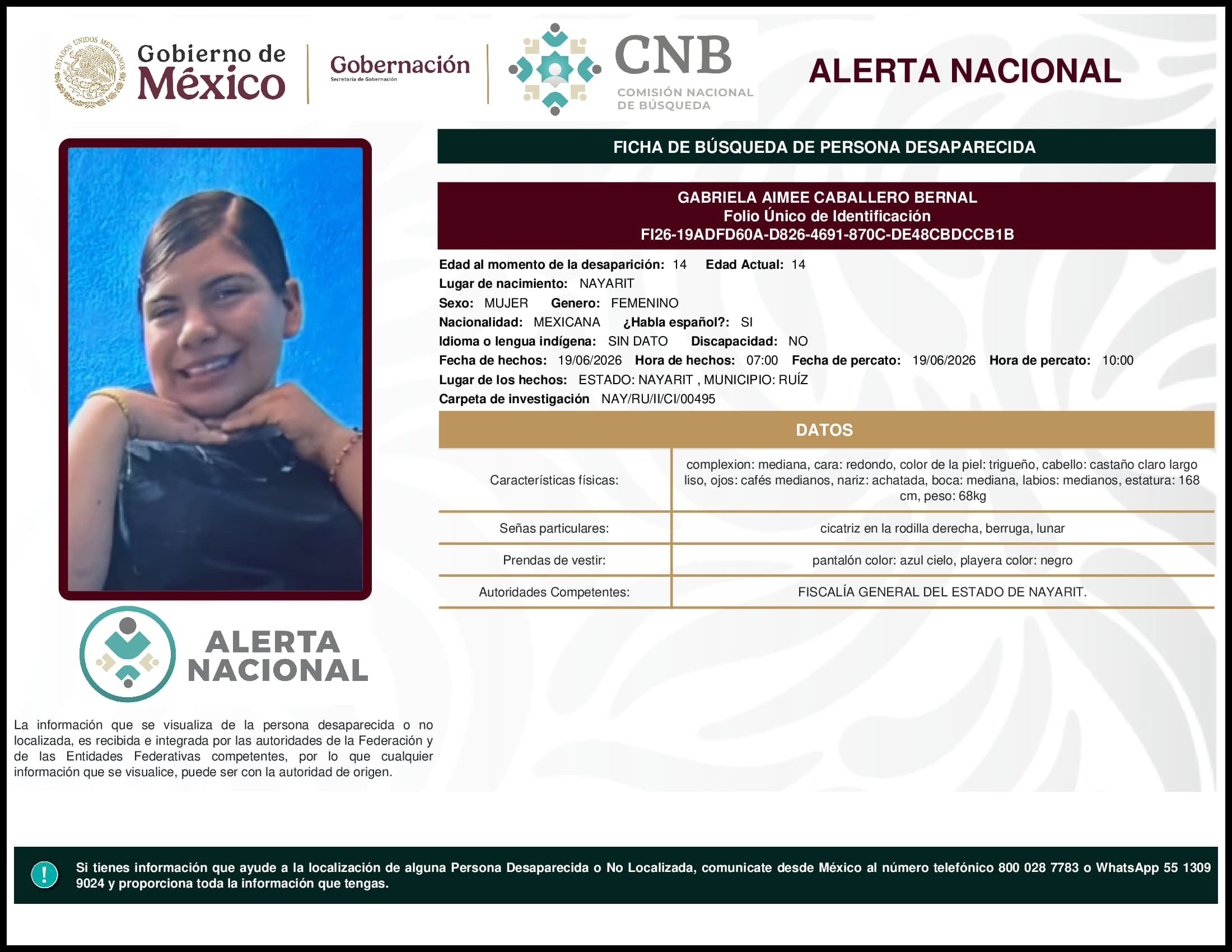 Persona desaparecida Gabriela Aimee Caballero Bernal