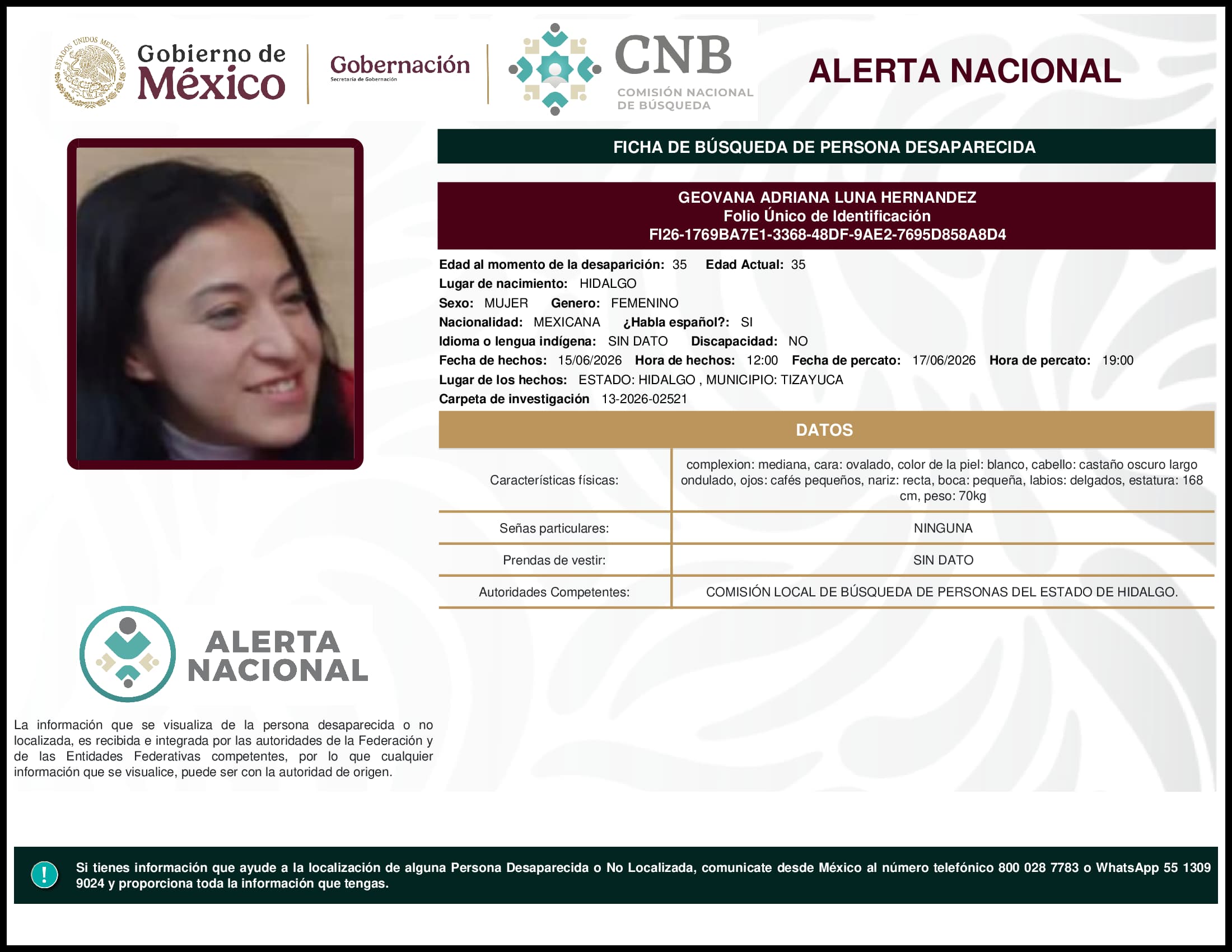 Persona desaparecida Geovana Adriana Luna Hernandez