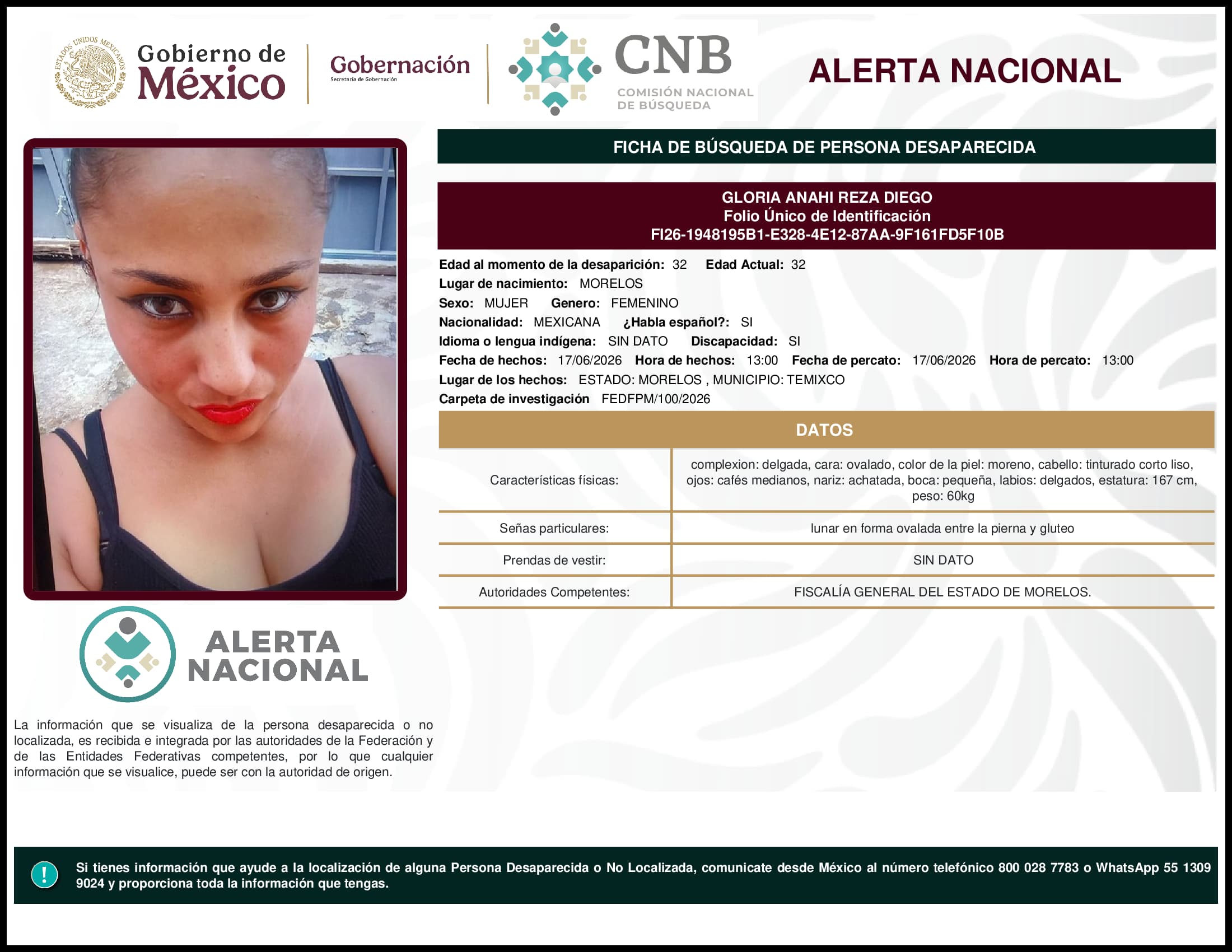 Persona desaparecida Gloria Anahi Reza Diego