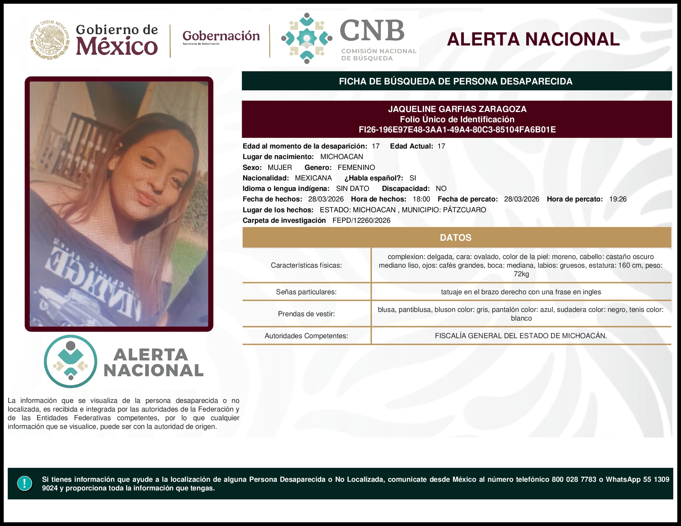 Persona desaparecida Jaqueline Garfias Zaragoza