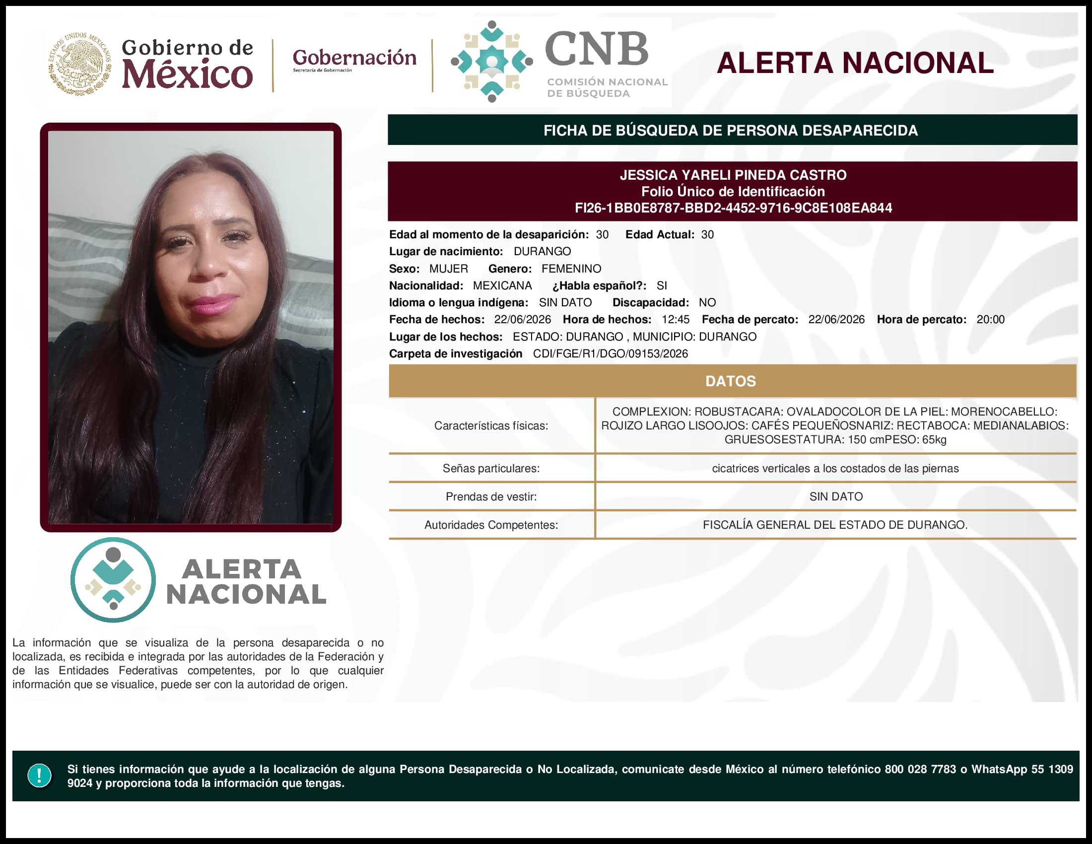 Persona desaparecida Jessica Yareli Pineda Castro