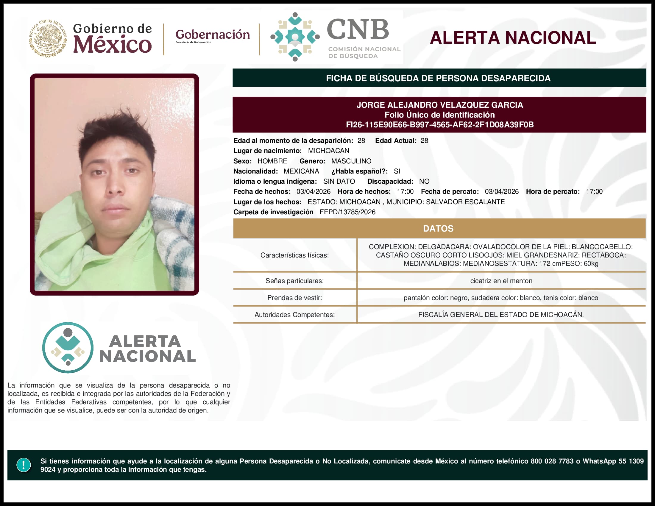 Persona desaparecida Jorge Alejandro Velazquez Garcia