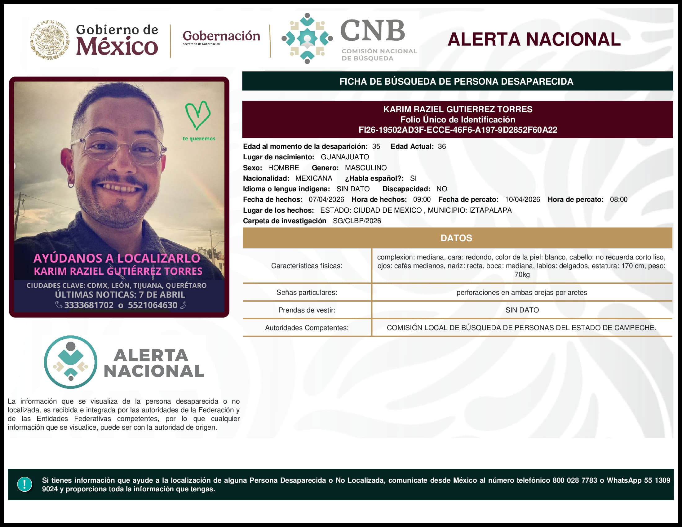 Persona desaparecida Karim Raziel Gutierrez Torres