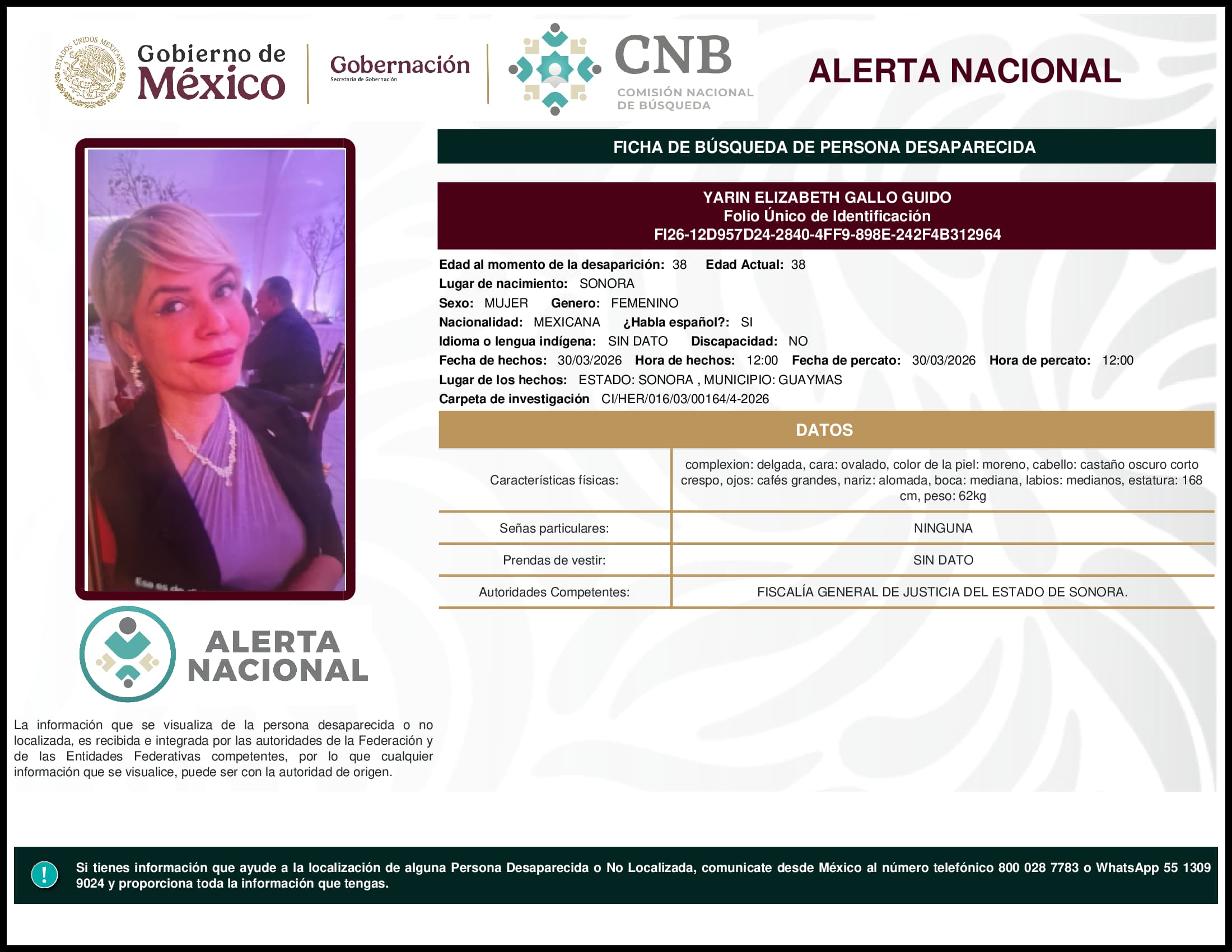 Persona desaparecida Yarin Elizabeth Gallo Guido