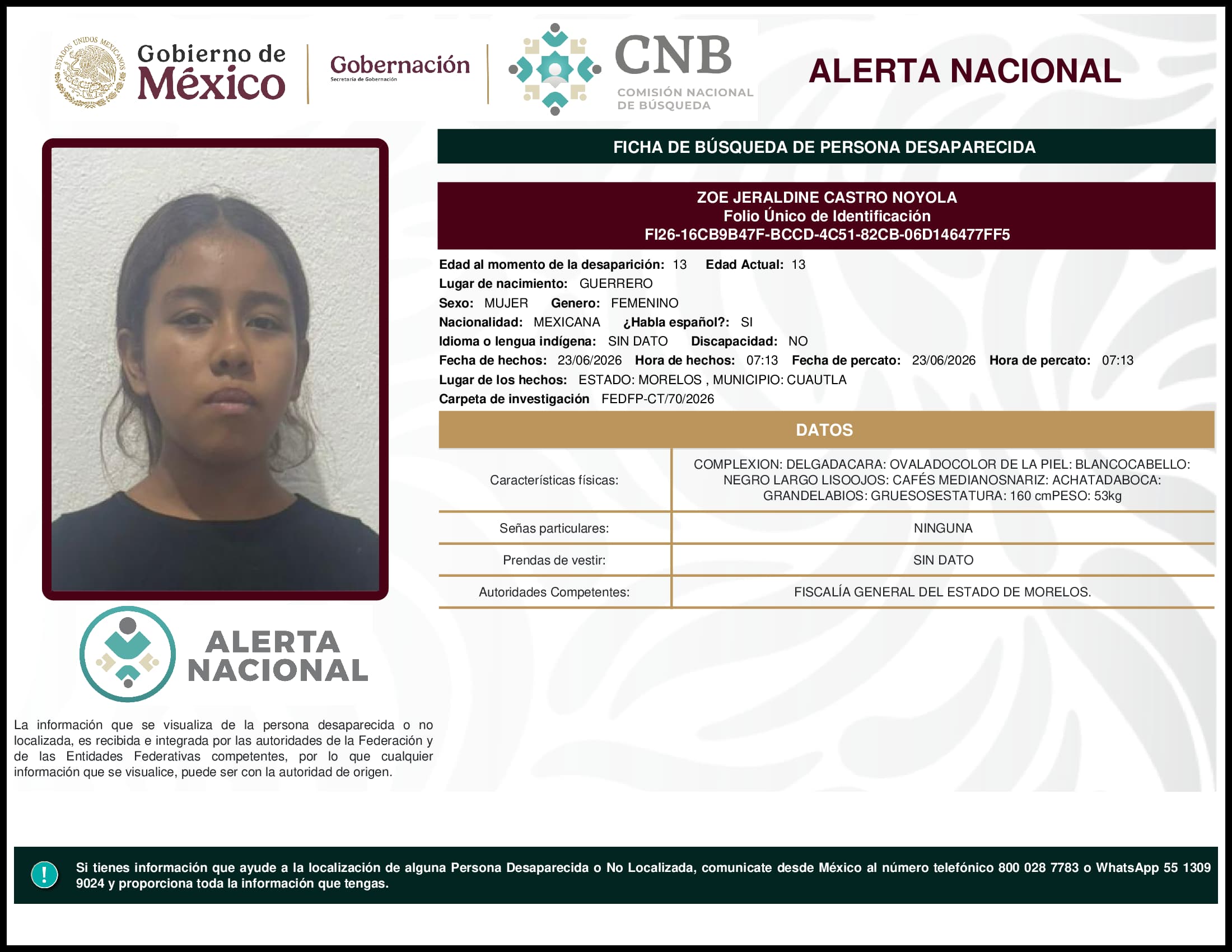 Persona desaparecida Zoe Jeraldine Castro Noyola