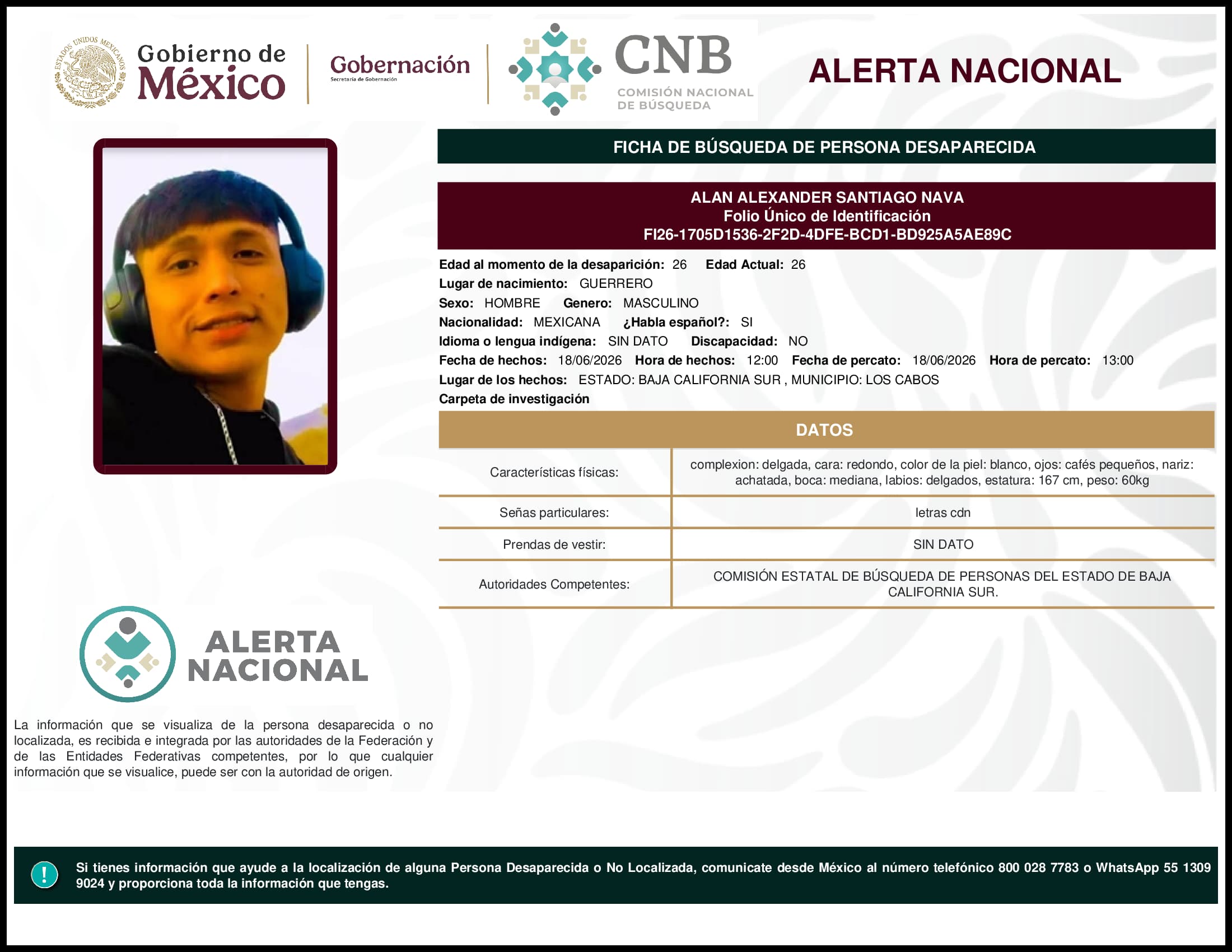Persona desaparecida Alan Alexander Santiago Nava