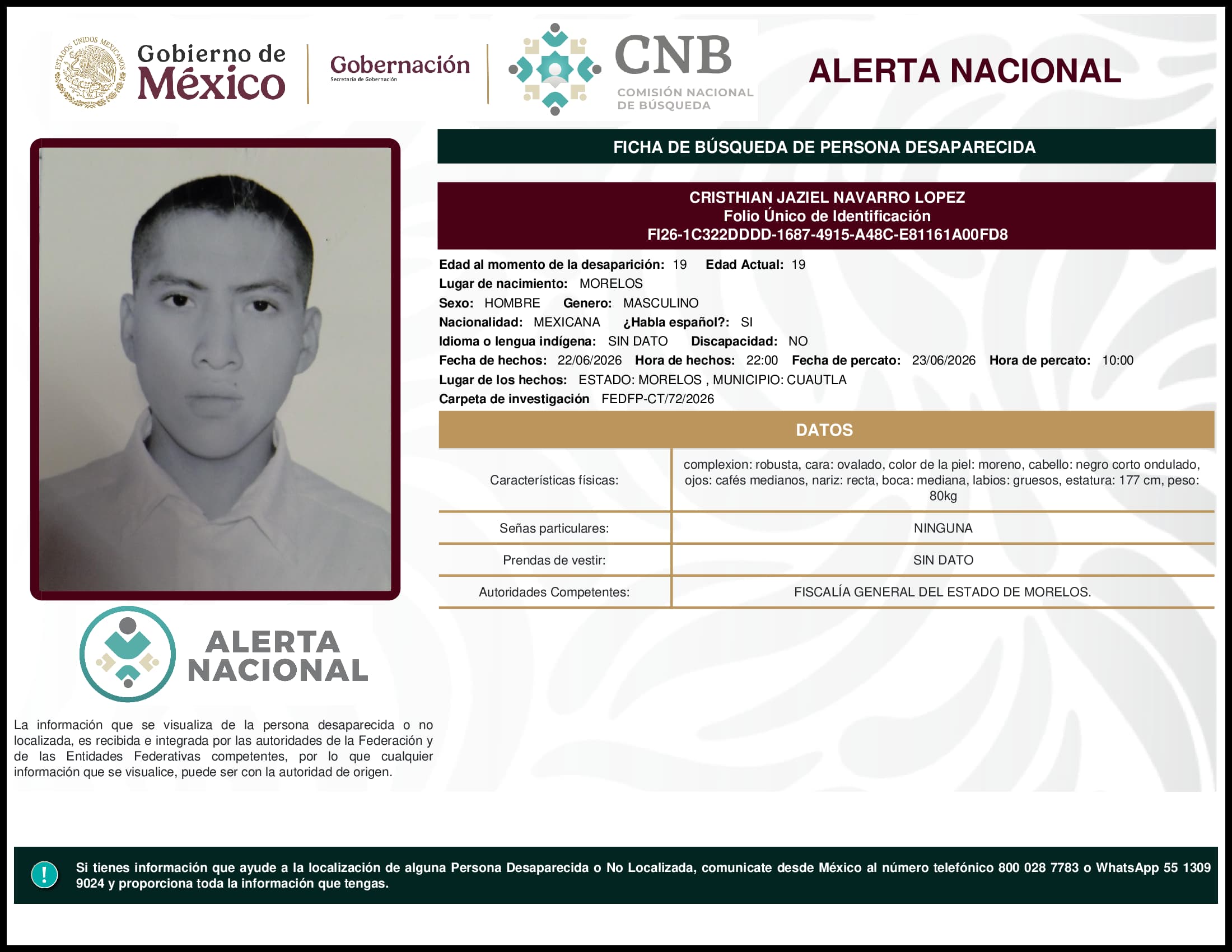 Persona desaparecida Cristhian Jaziel Navarro Lopez