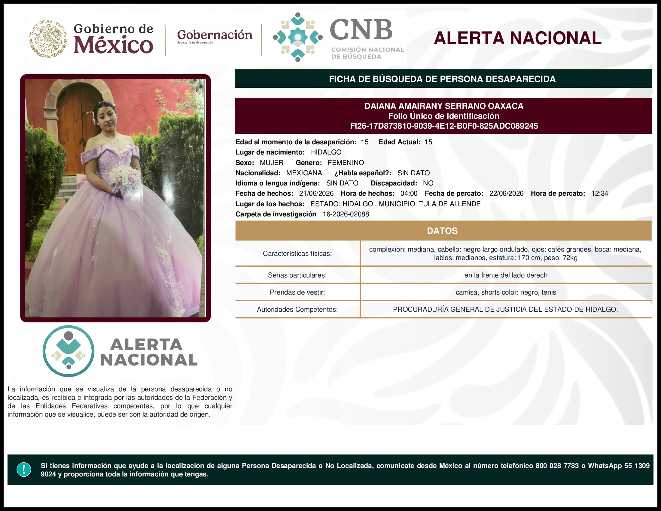 Persona desaparecida Daiana Amairany Serrano Oaxaca