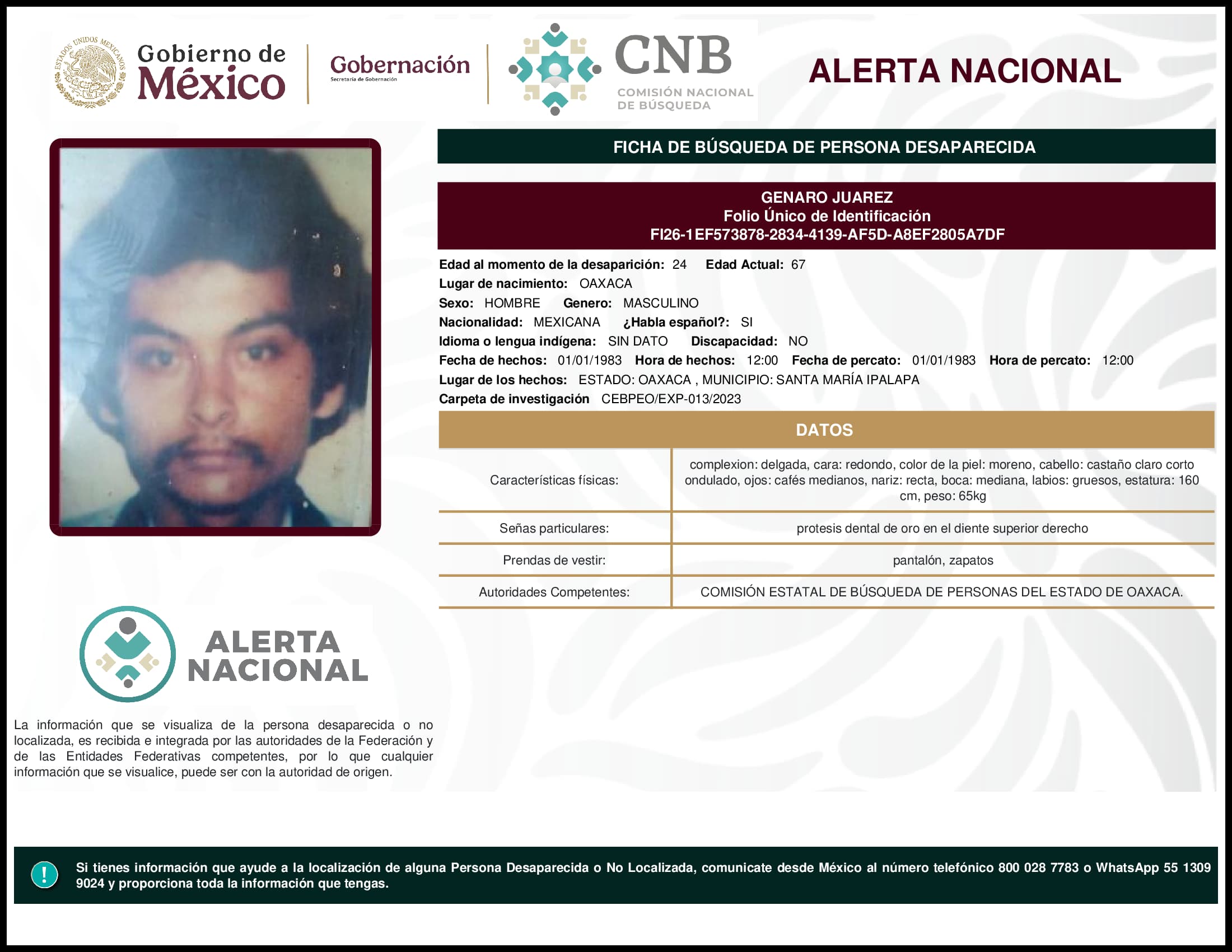 Persona desaparecida Genaro Juarez