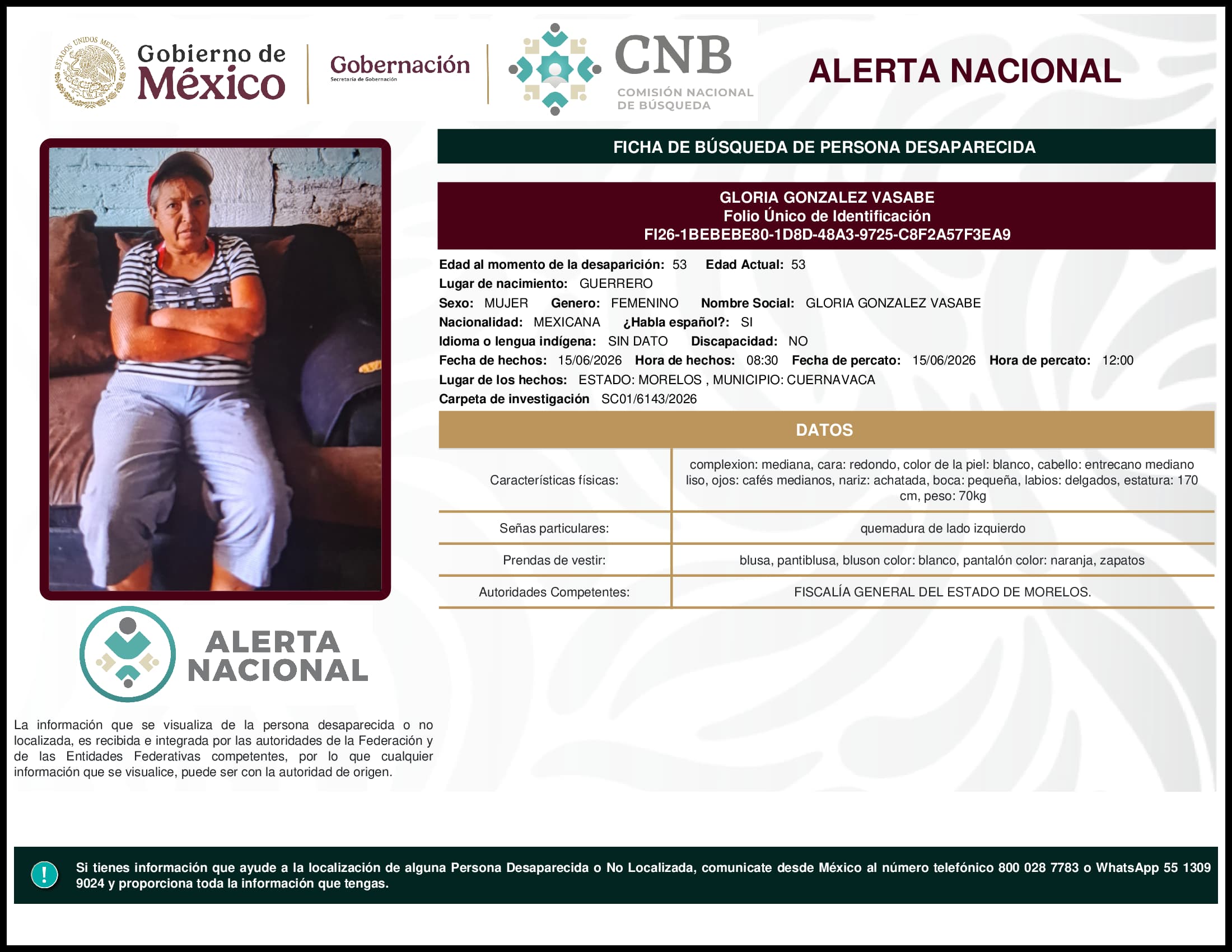 Persona desaparecida Gloria Gonzalez Vasabe