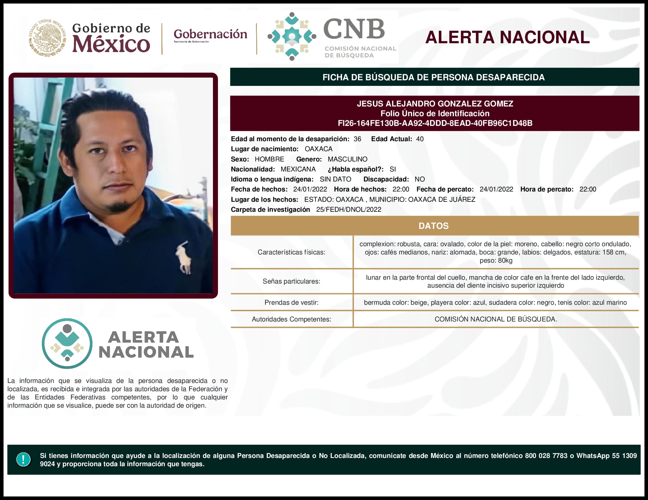 Persona desaparecida Jesus Alejandro Gonzalez Gomez