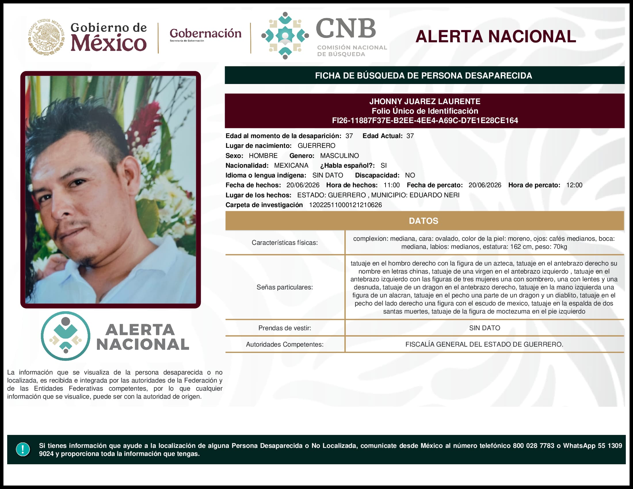 Persona desaparecida Jhonny Juarez Laurente