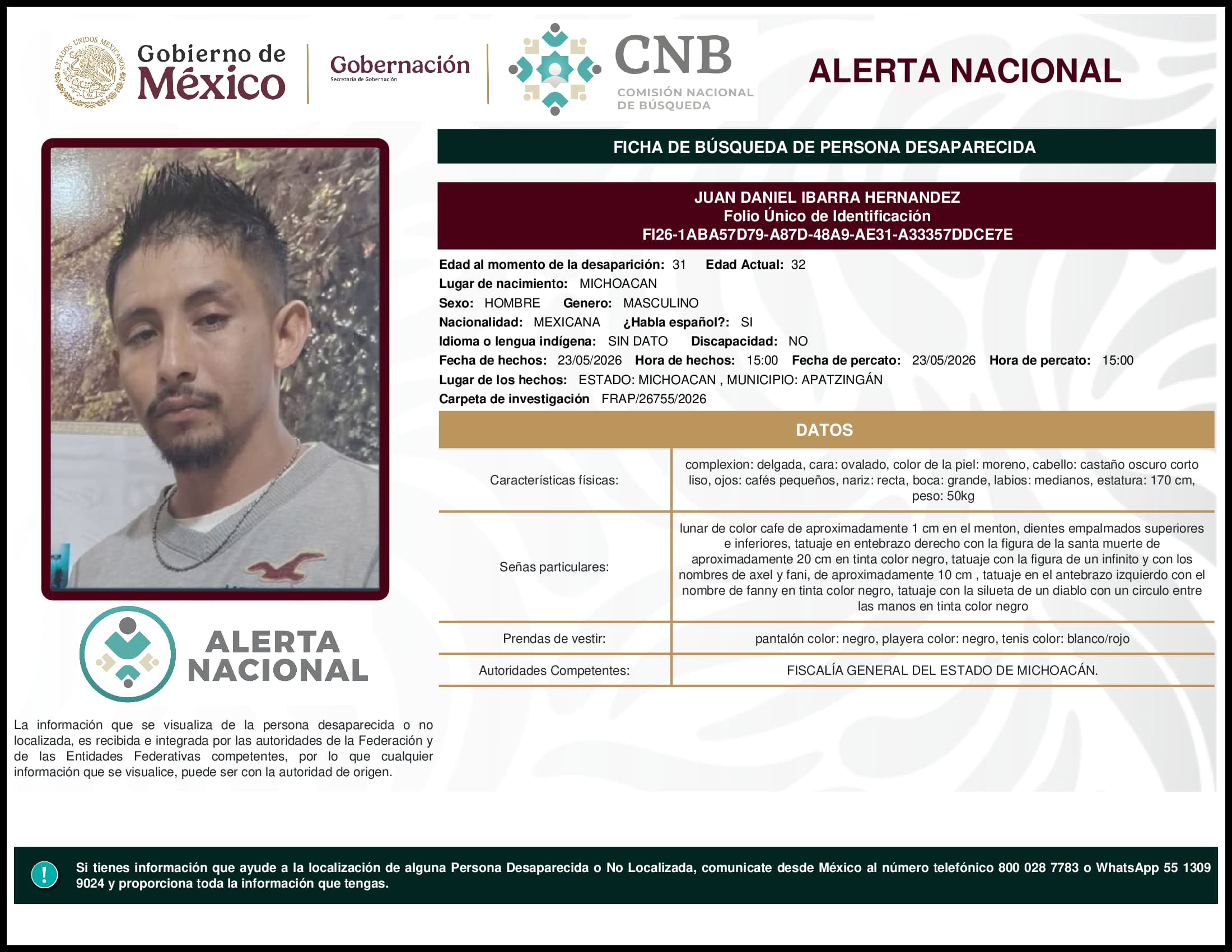 Persona desaparecida Juan Daniel Ibarra Hernandez